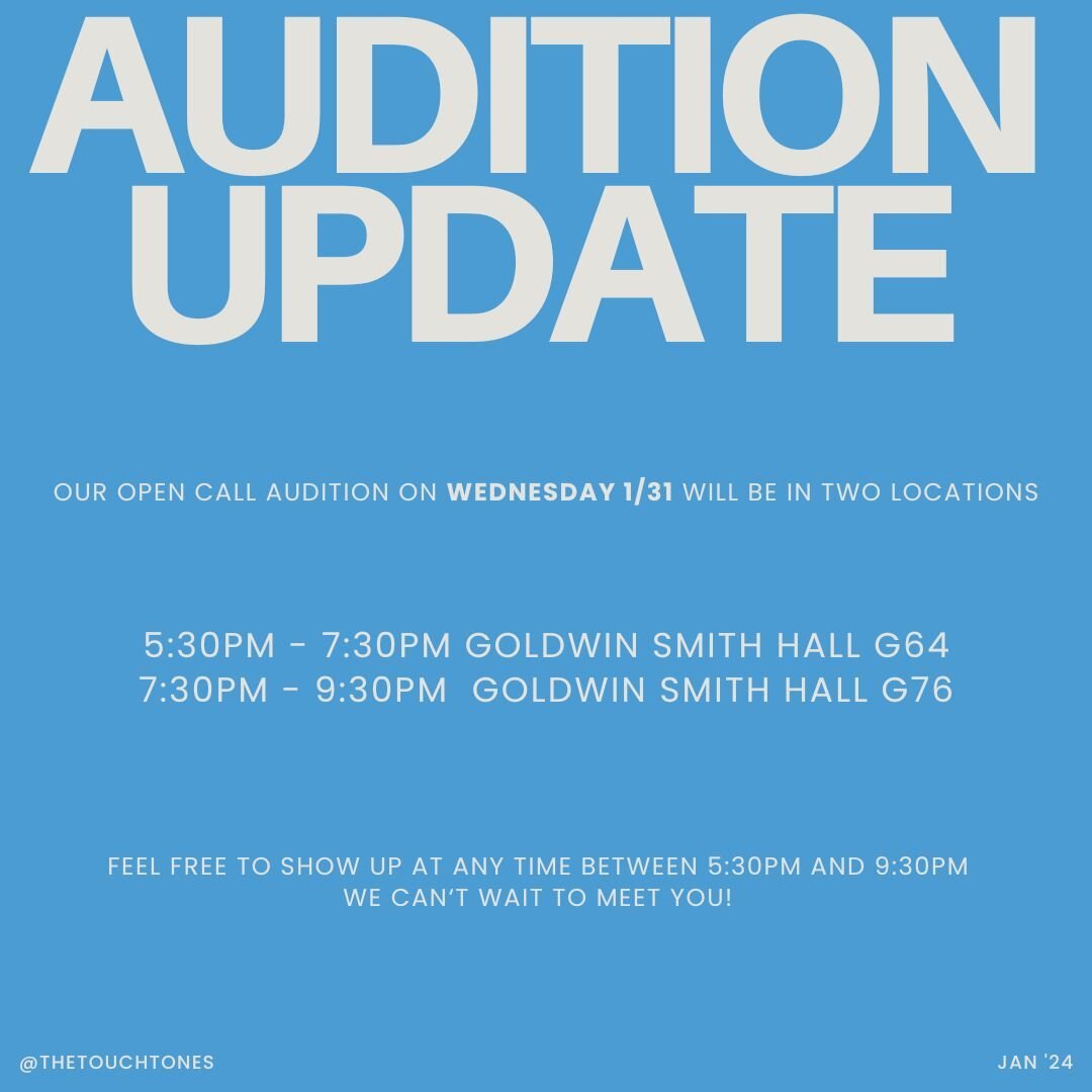 ❕audition update❕
our wednesday open call will be taking place in two locations. if you arrive between 5:30pm and 7:30pm, we will be in G64. if you arrive between 7:30pm and 9:30pm, we will be in G76. it's all the same audition - just split into two 