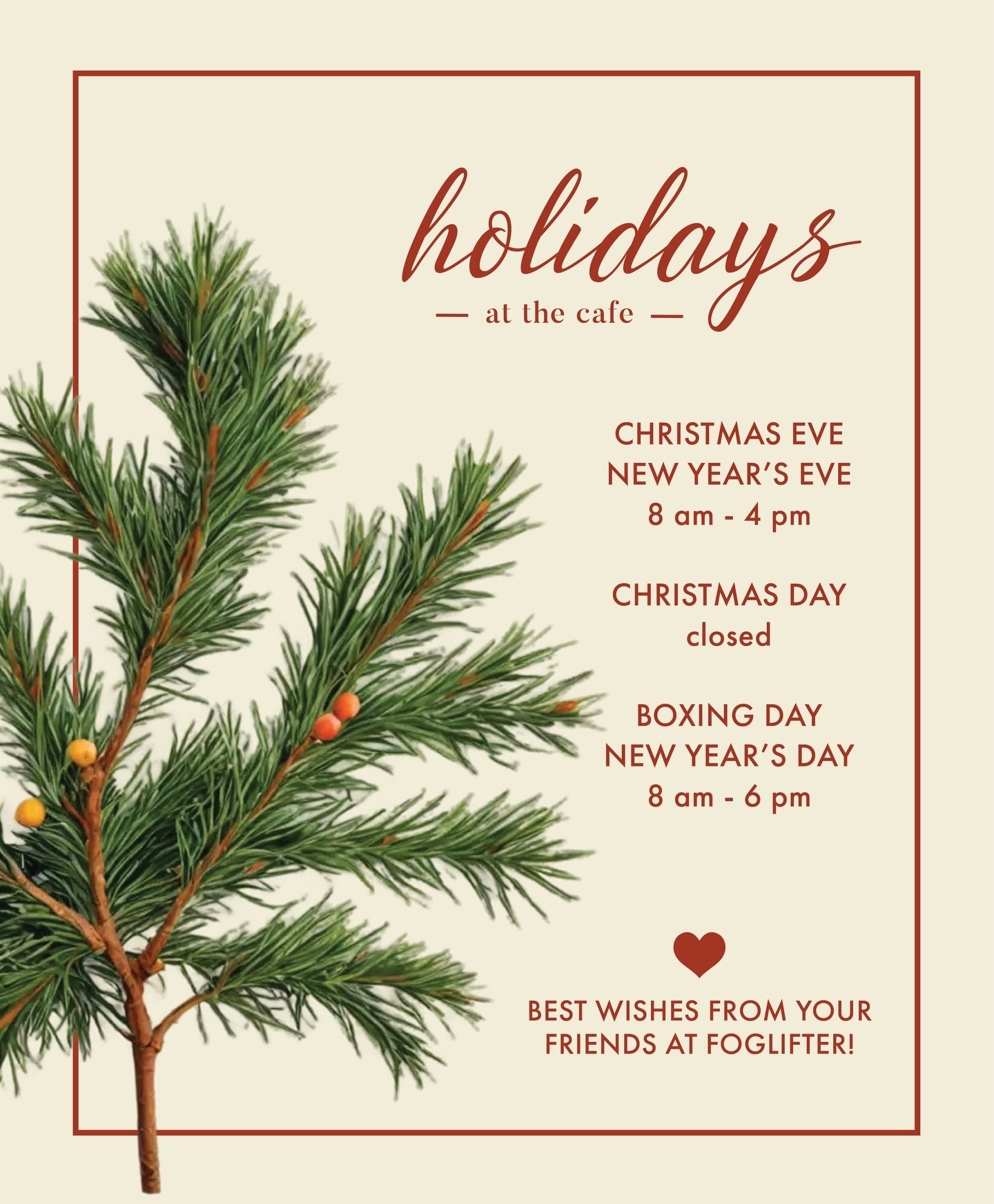 It&rsquo;s feeling festive around Foglifter! Please note, our holiday hours at the cafe. The roastery will be closed from December 24th with one delivery/ship day the week of December 29th.

Wishing our whole coffee community a happy holiday season a