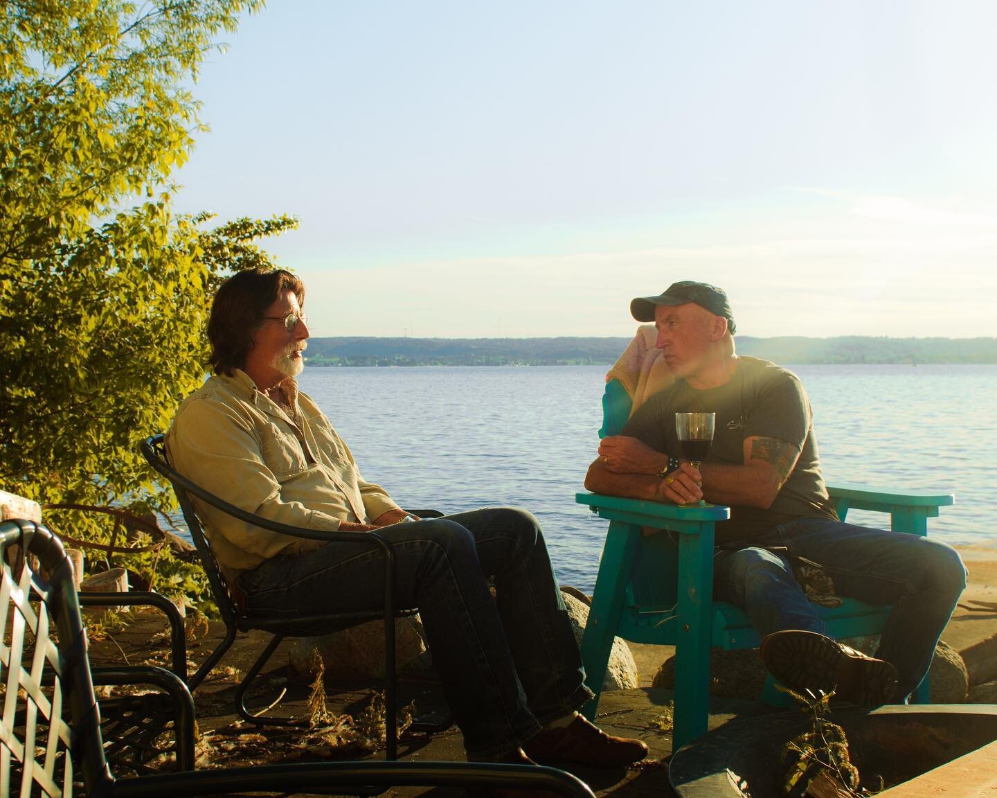Enjoying sunset and conversation with Oak Island treasure hunters Rick Lagina and Gary Drayton.