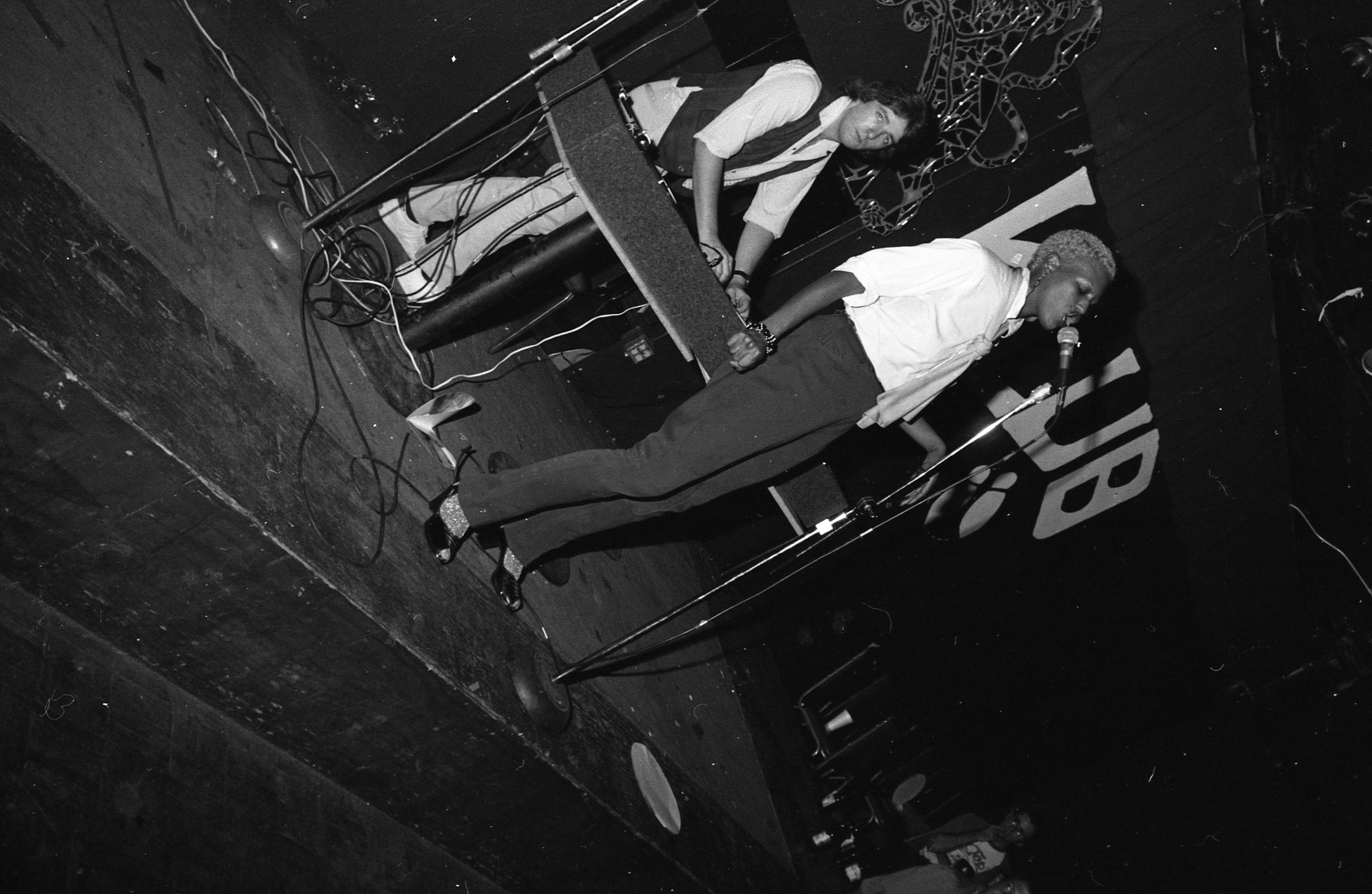 Taquila Mockingbird performs, rap contest, On Klub, Los Angeles, 1981
