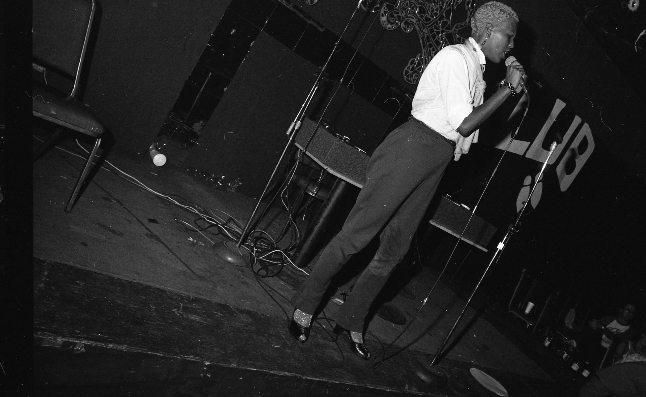 Taquila Mockingbird performs, rap contest, On Klub, Los Angeles, 1981