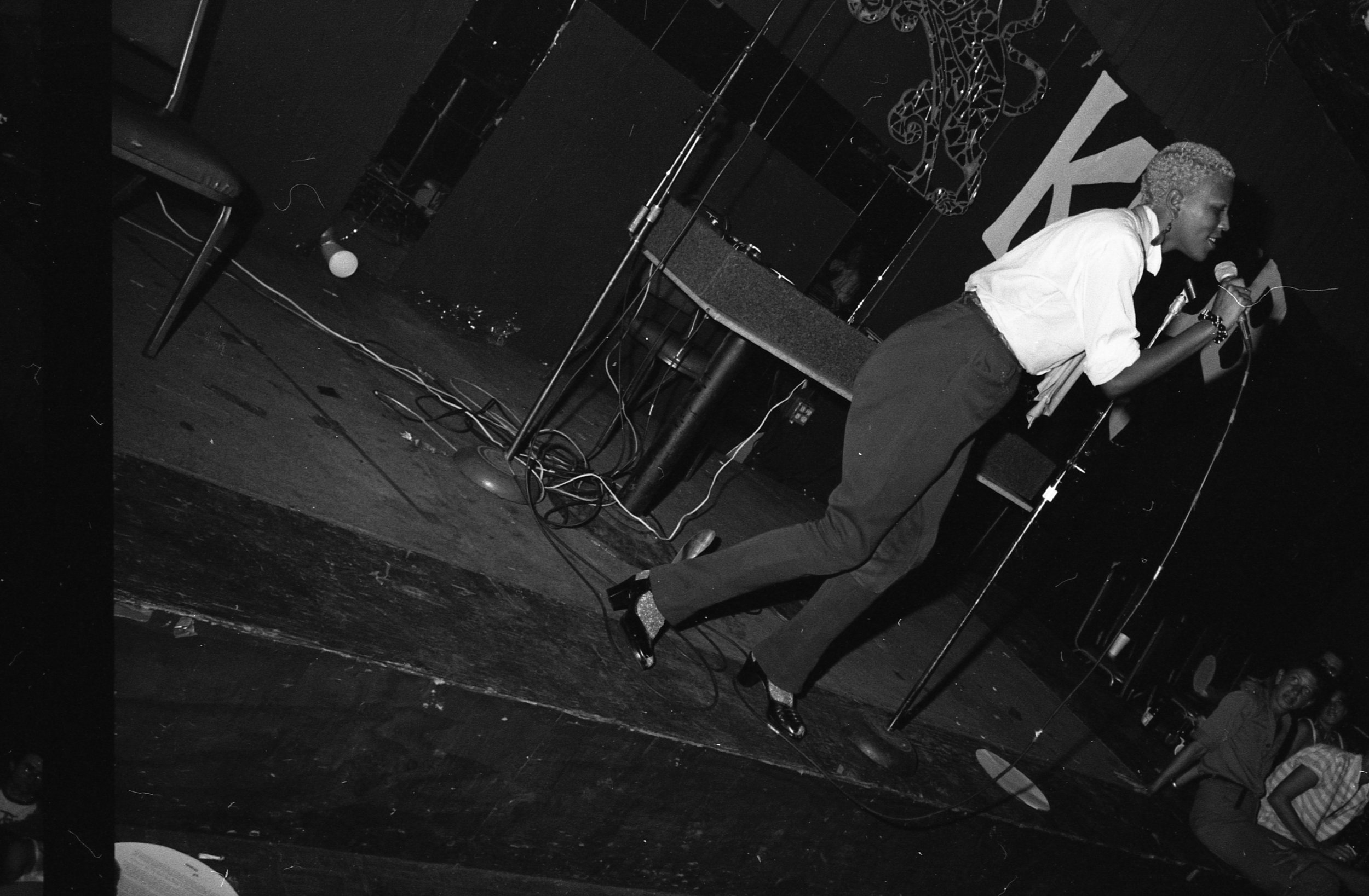 Taquila Mockingbird performs, rap contest, On Klub, Los Angeles, 1981