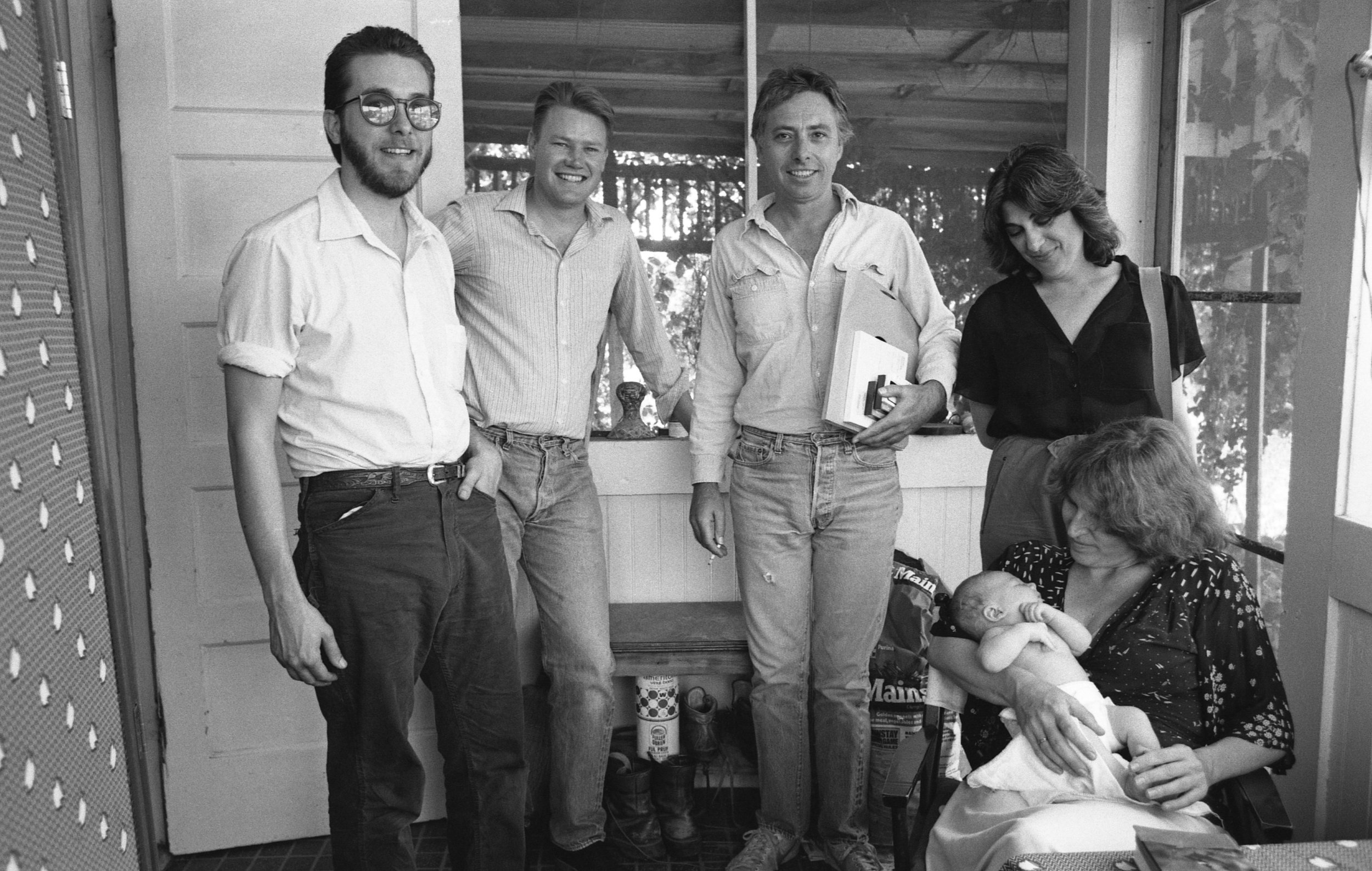 Left to right: Tom Nixon, Gene Bowen, Harold Budd, Harold's then-wife; seated: Pam Sheridan holding Gene and Pam's baby. Fillmore CA, 1981.