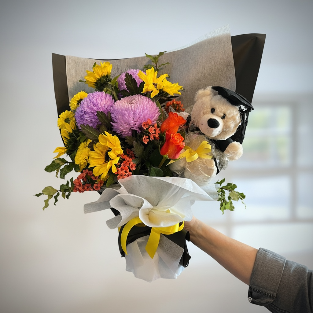 Mixed colours graduation bouquet with grad bear