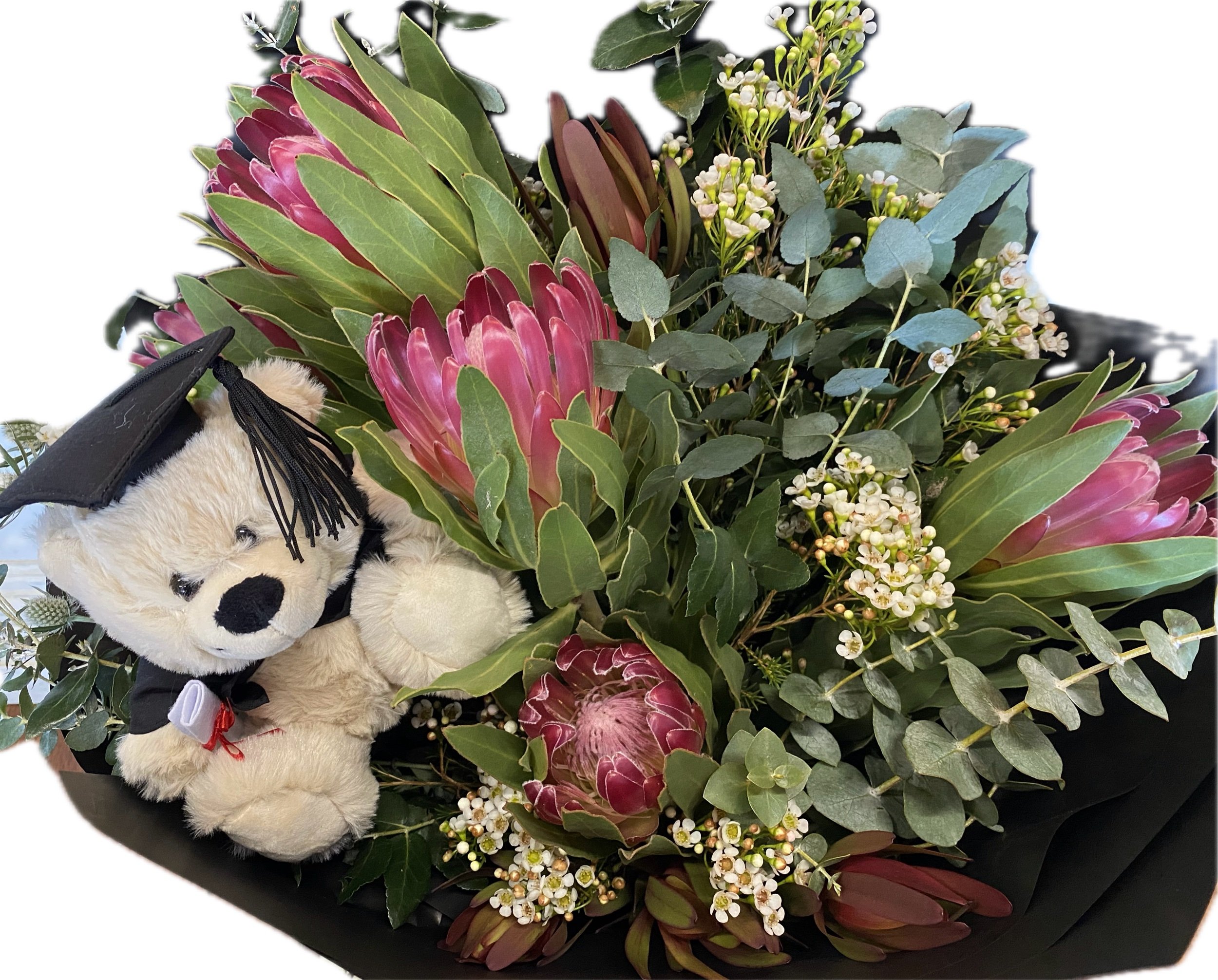 Native fresh flower graduation bouquet with graduation bear