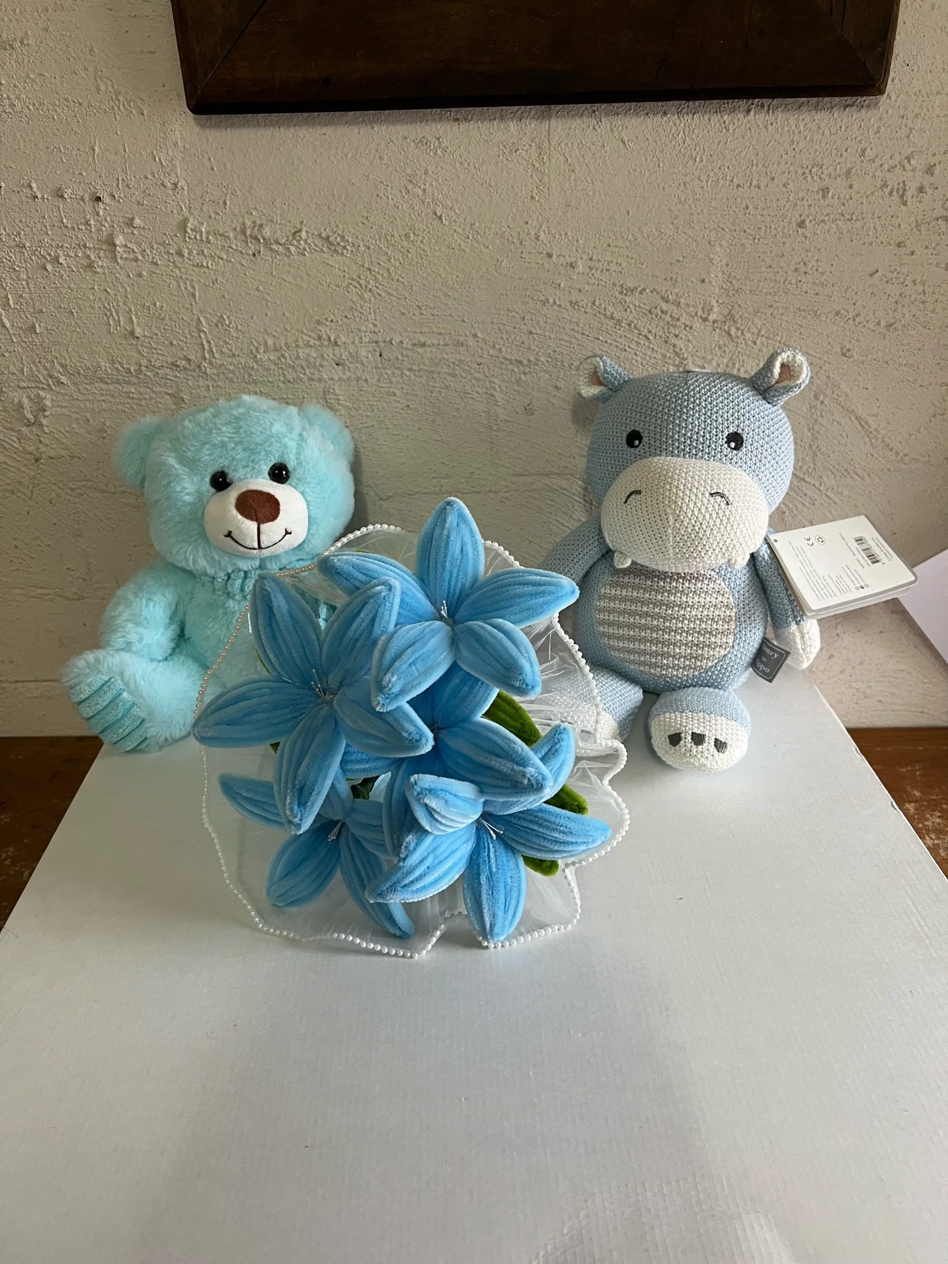 Blue forever flowers by Lilypilly with blue teddy and Living textiles blue hippo