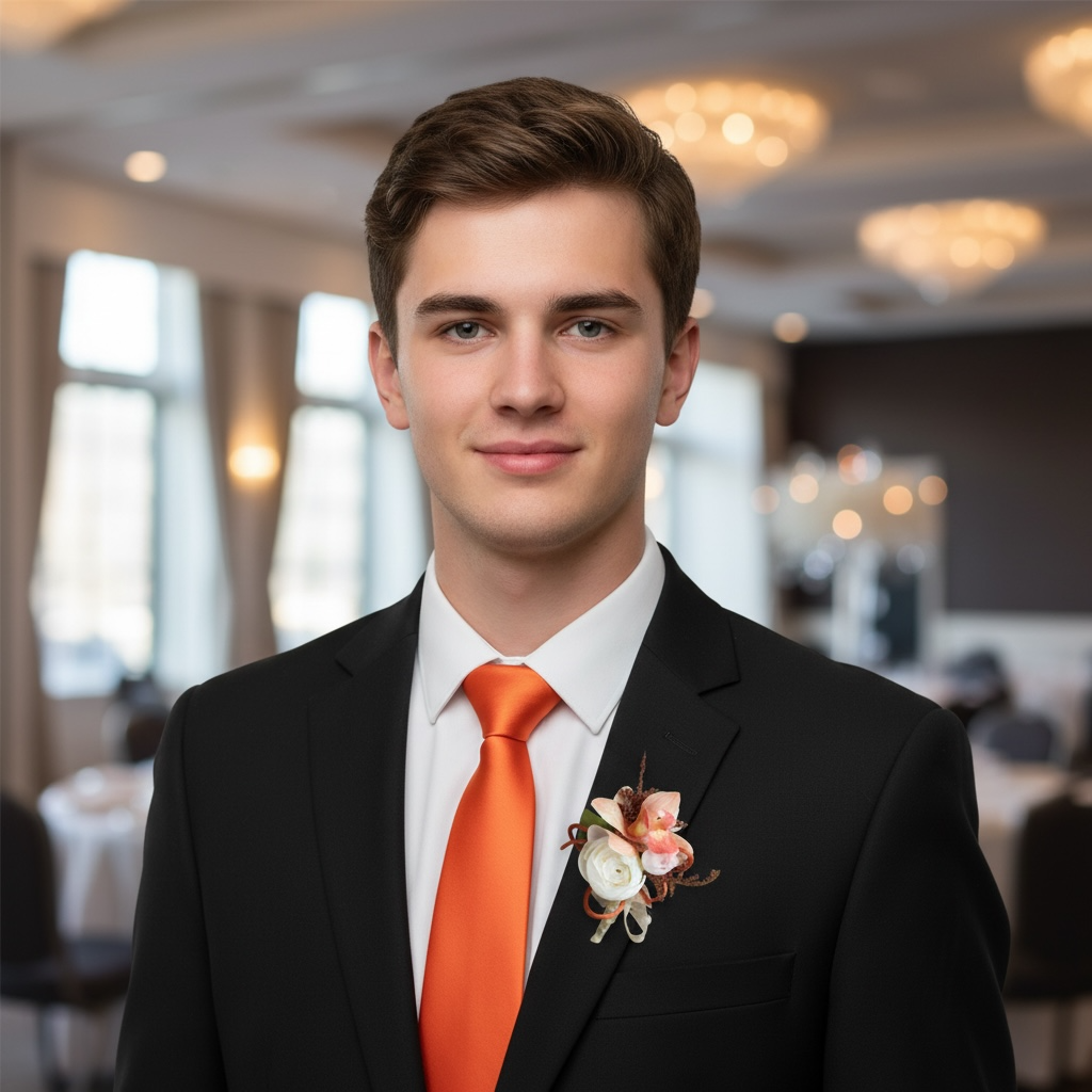 Model wearing Silk orange buttonhole made by lilypilly