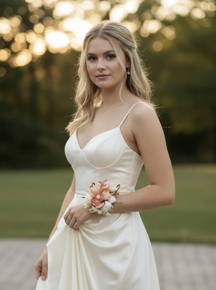 Model wearing Orange tone corsage made by Lilypilly