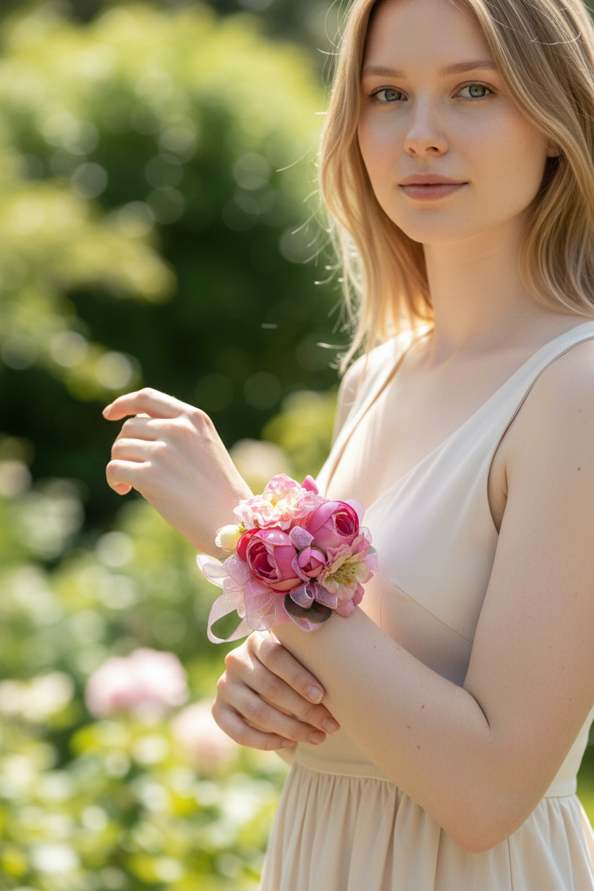 Pink silk corsage on model made by Lilypilly