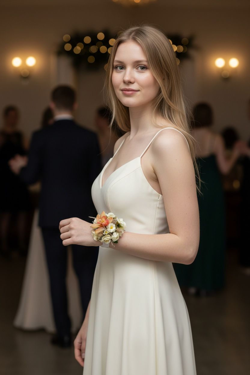 Sweet orange corsage on model made by Lilypilly