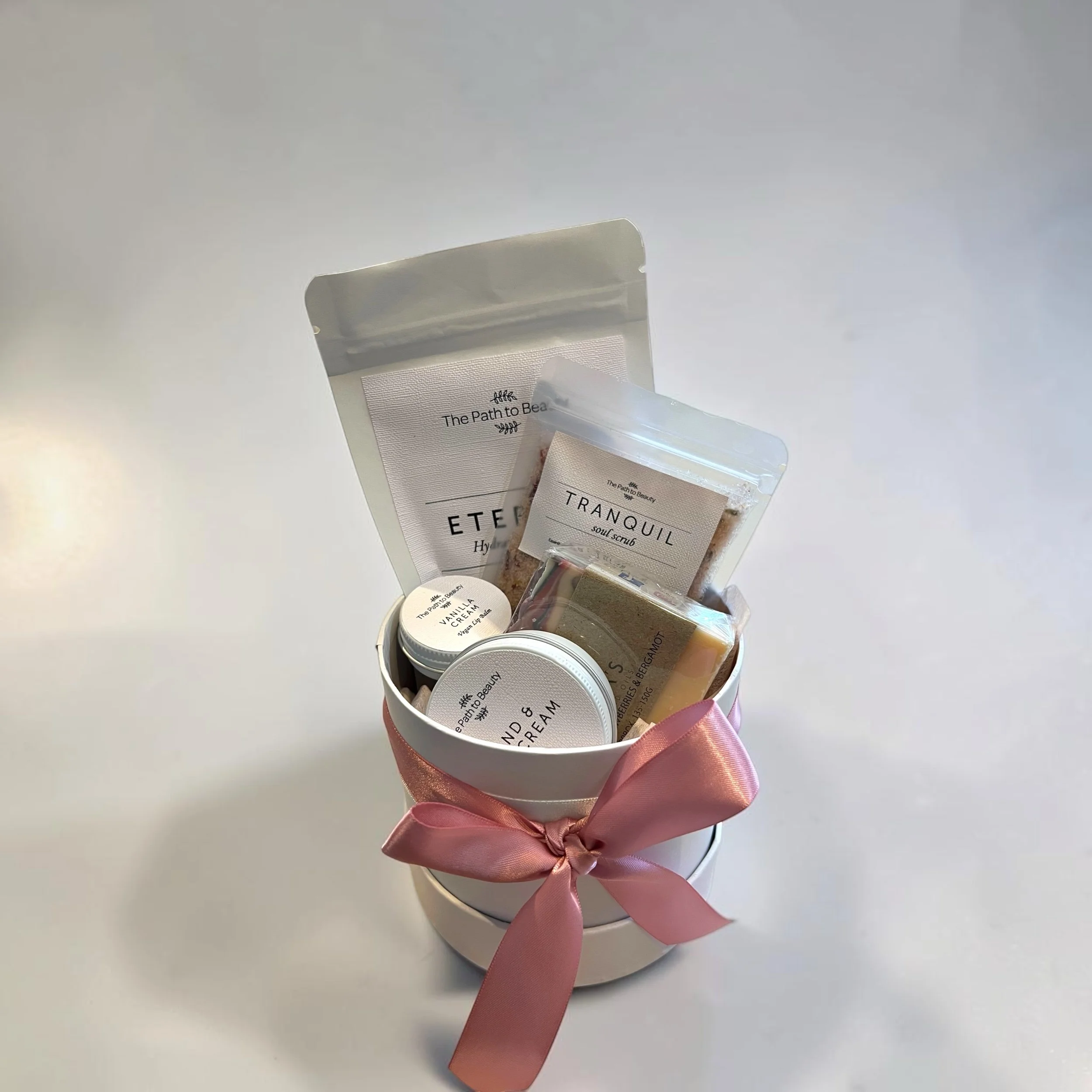 A Moment of Luxury pamper gift box with The Path to Beauty skincare products and Flora’s Champagne, Strawberries & Bergamot soap @ Lilypilly