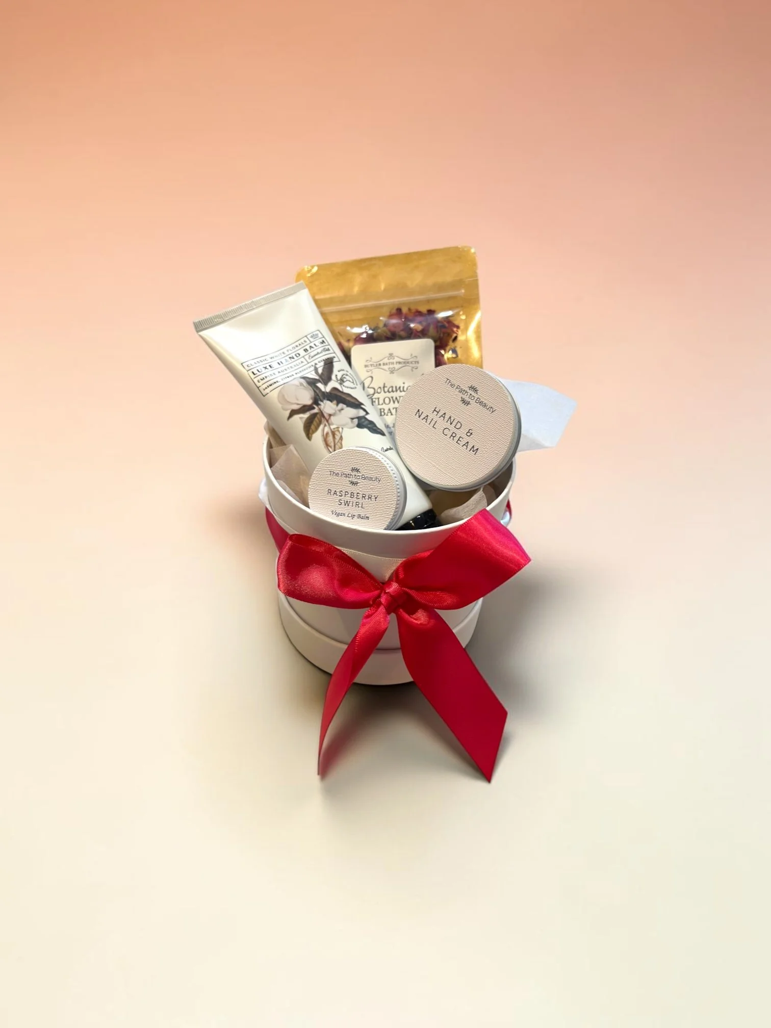 A Little Indulgence luxury pamper gift with The Path to Beauty skincare, botanical flower bath and Empire Luxe hand balm @ Lilypilly Perth