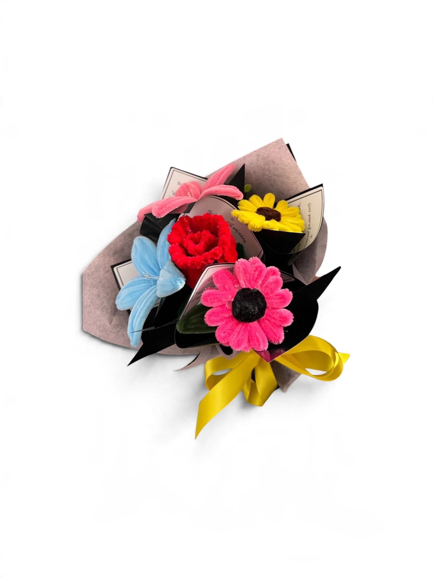 A Life in Bloom handmade pipe-cleaner flower bouquet with five individual wrapped flowers with message