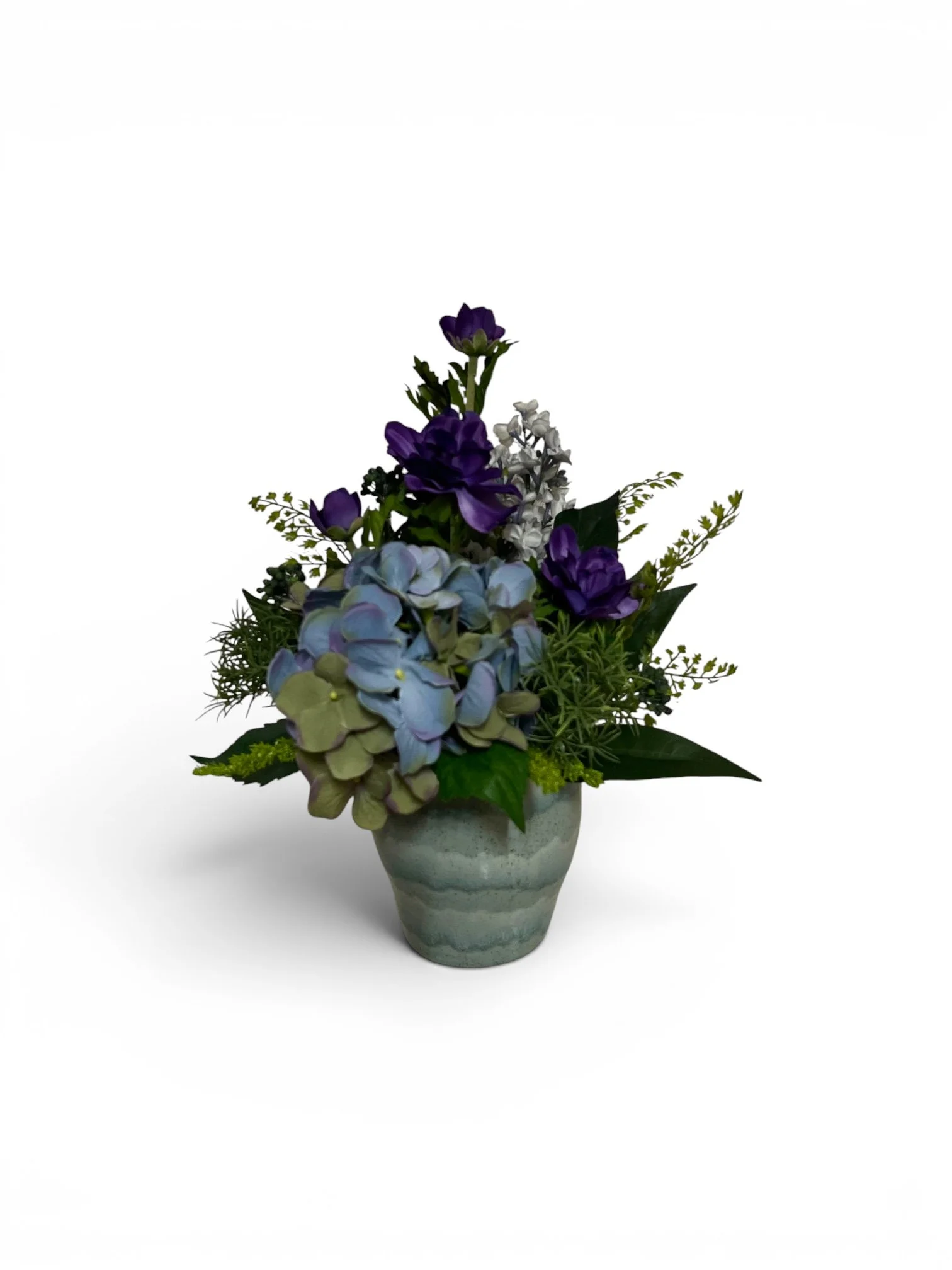 Blue and purple silk flower arrangement in ceramic pot by Lilypilly South Perth