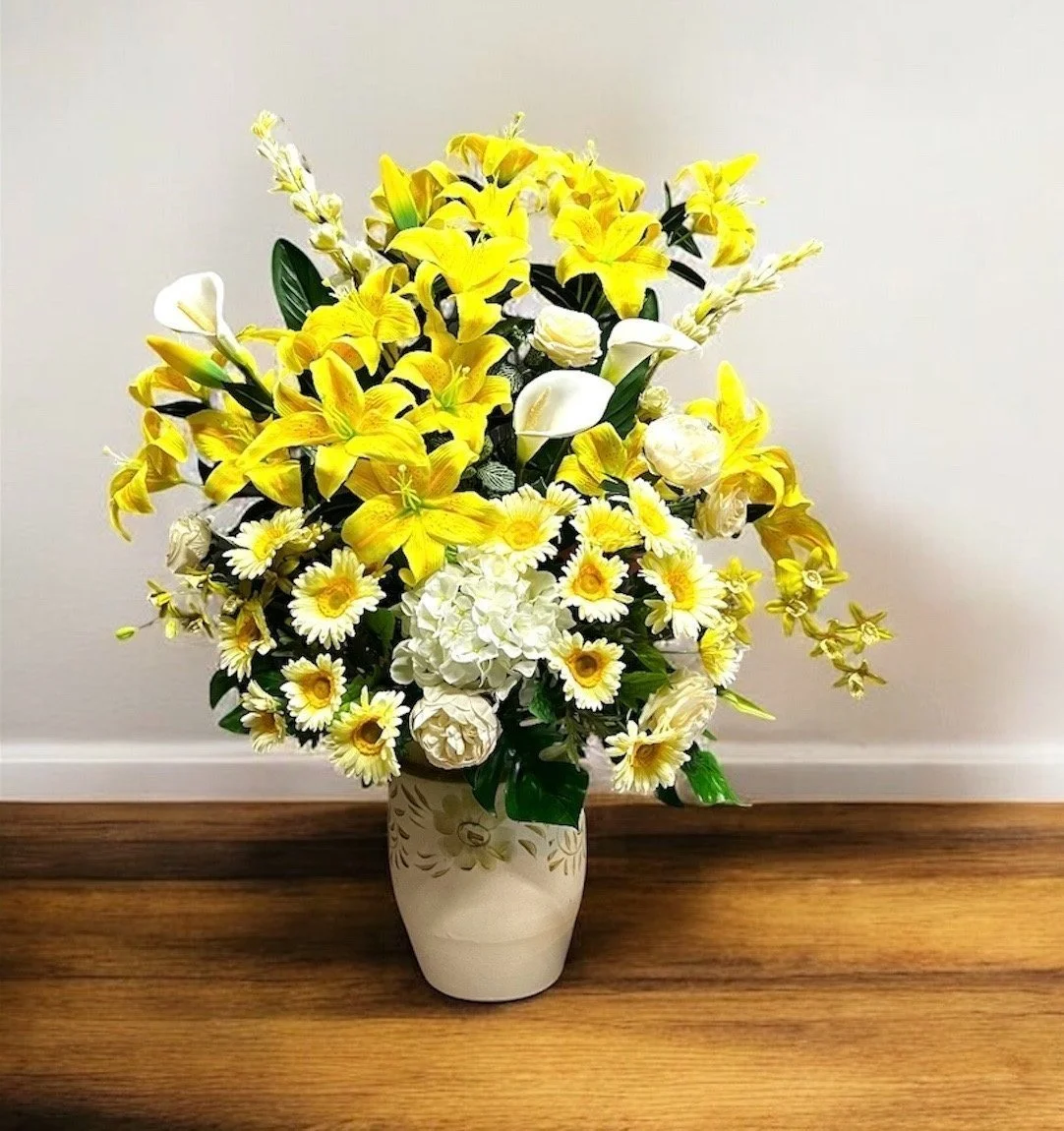 Yellow and white silk flower arrangement by Lilypilly Perth