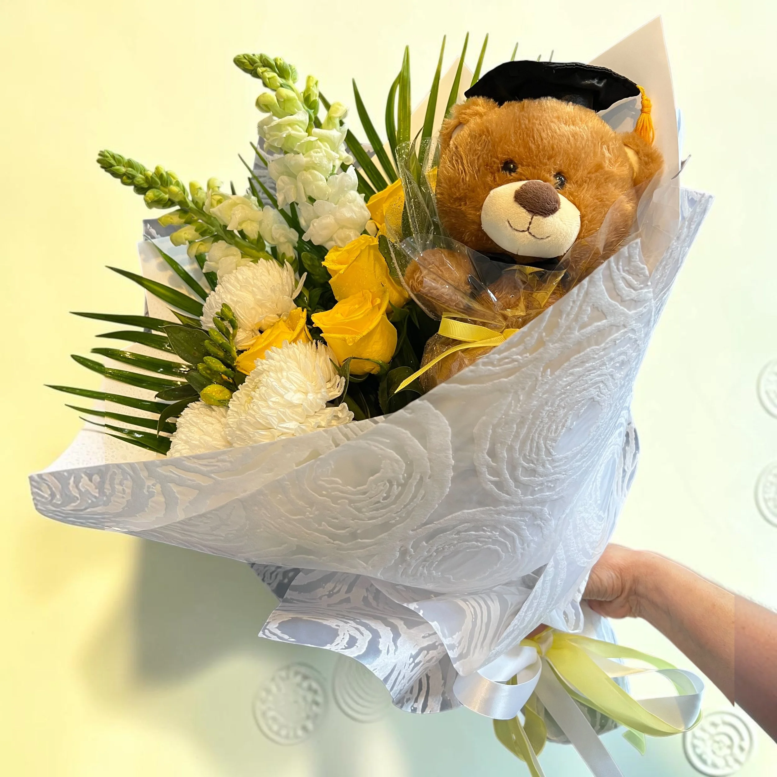 Graduation Bouquet with grad bear by lilypilly yellow & white