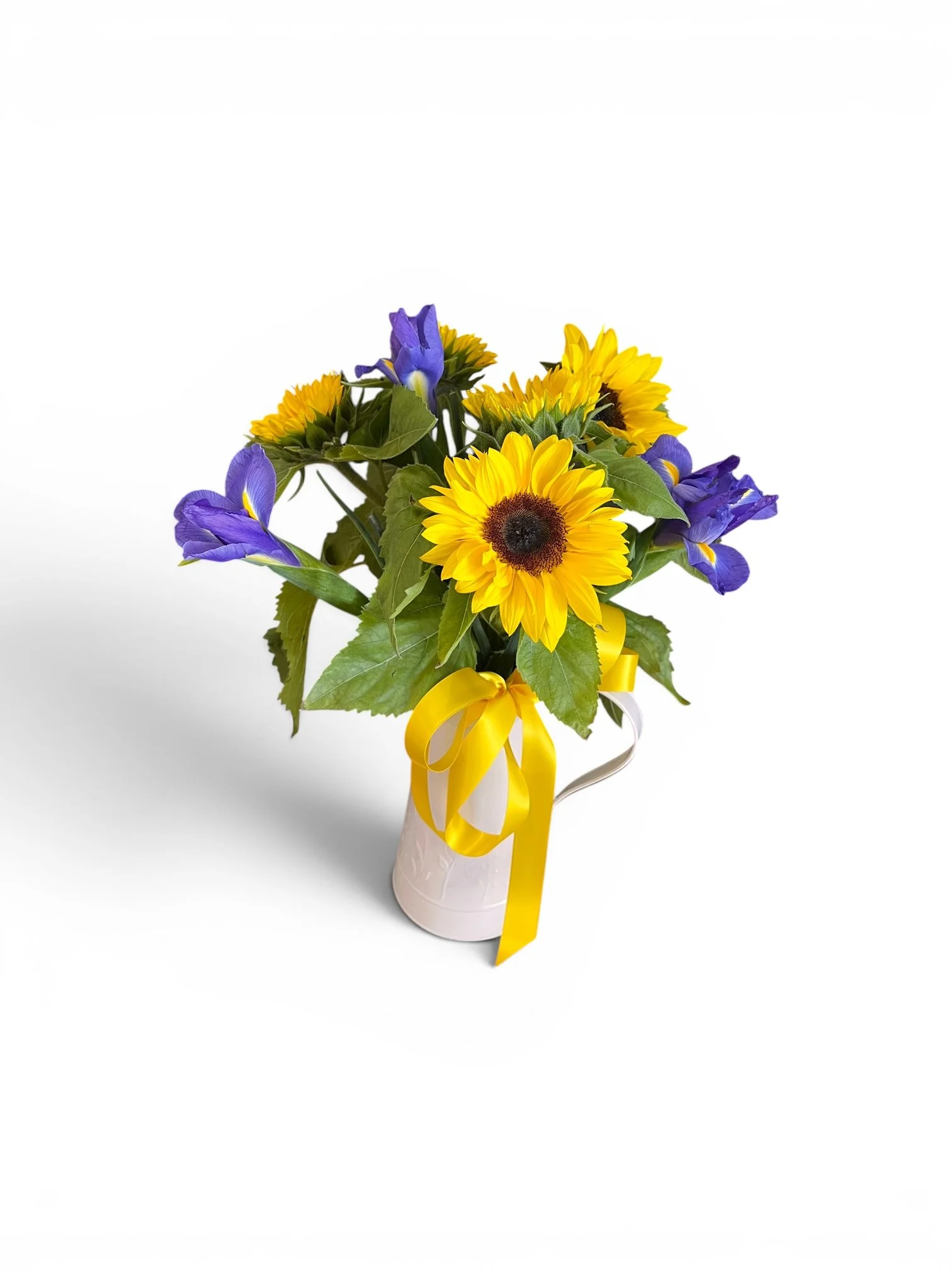 Sunflower & Iris Watering Can Arrangement | Lilypilly Florist Perth