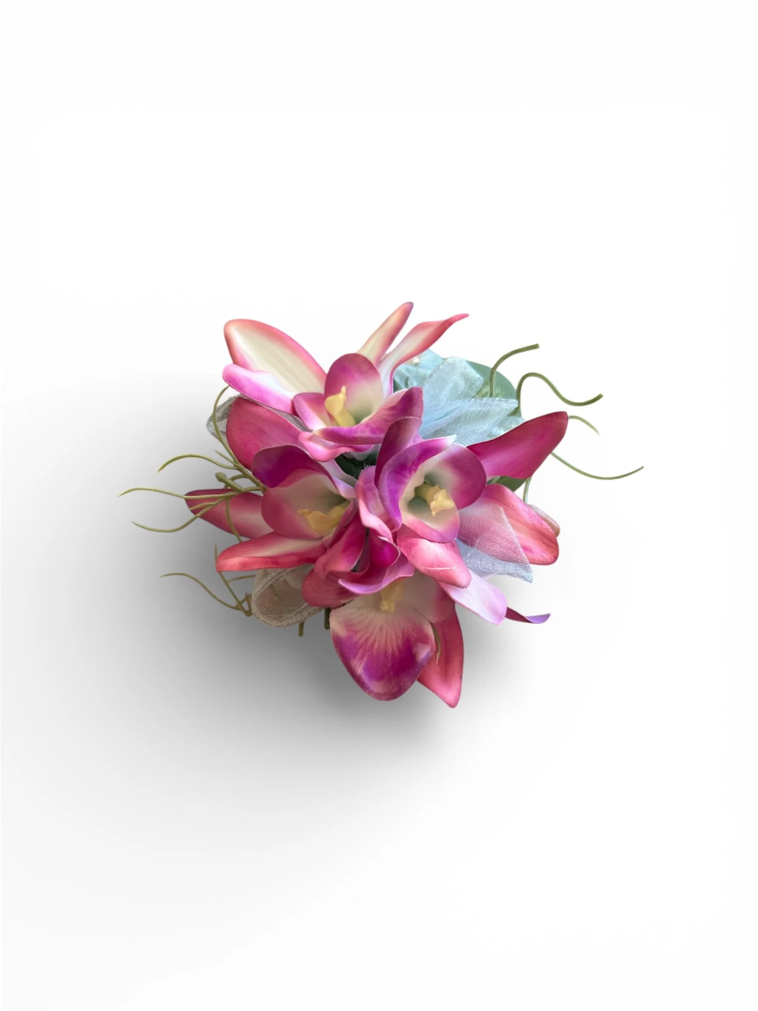 “Summer fuchsia real touch silk orchid corsage with blue organza ribbon”  “Fuchsia orchid school ball corsage and buttonhole set Perth”  “Silk orchid corsage keepsake for summer formal” by Lilypilly