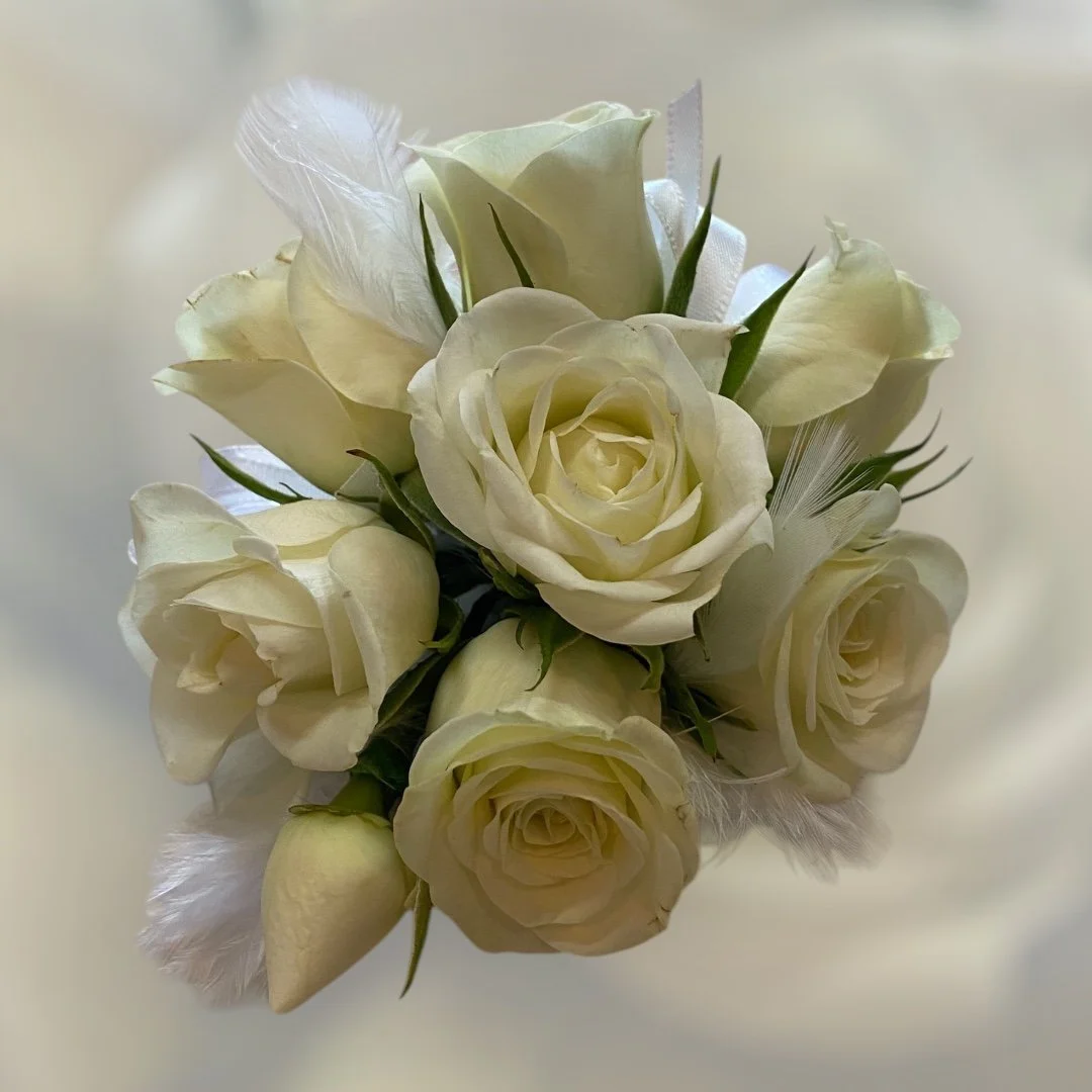 Classic White Roses, Elegant fresh rose corsage for school balls in Perth = handmade floral design