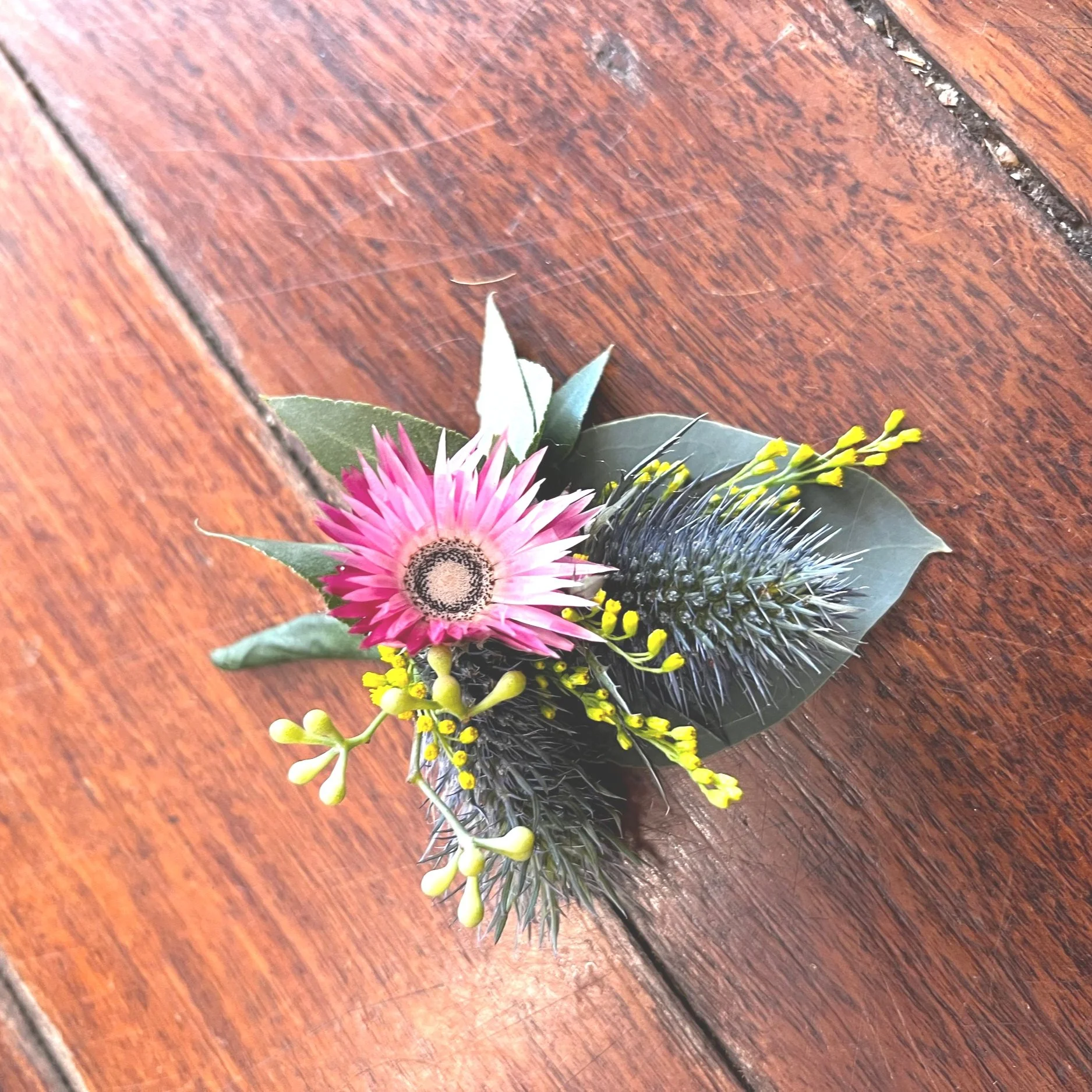 Vibrant  & Rustic Native buttonhole of widlflowers and greenery unique Perth florist creation