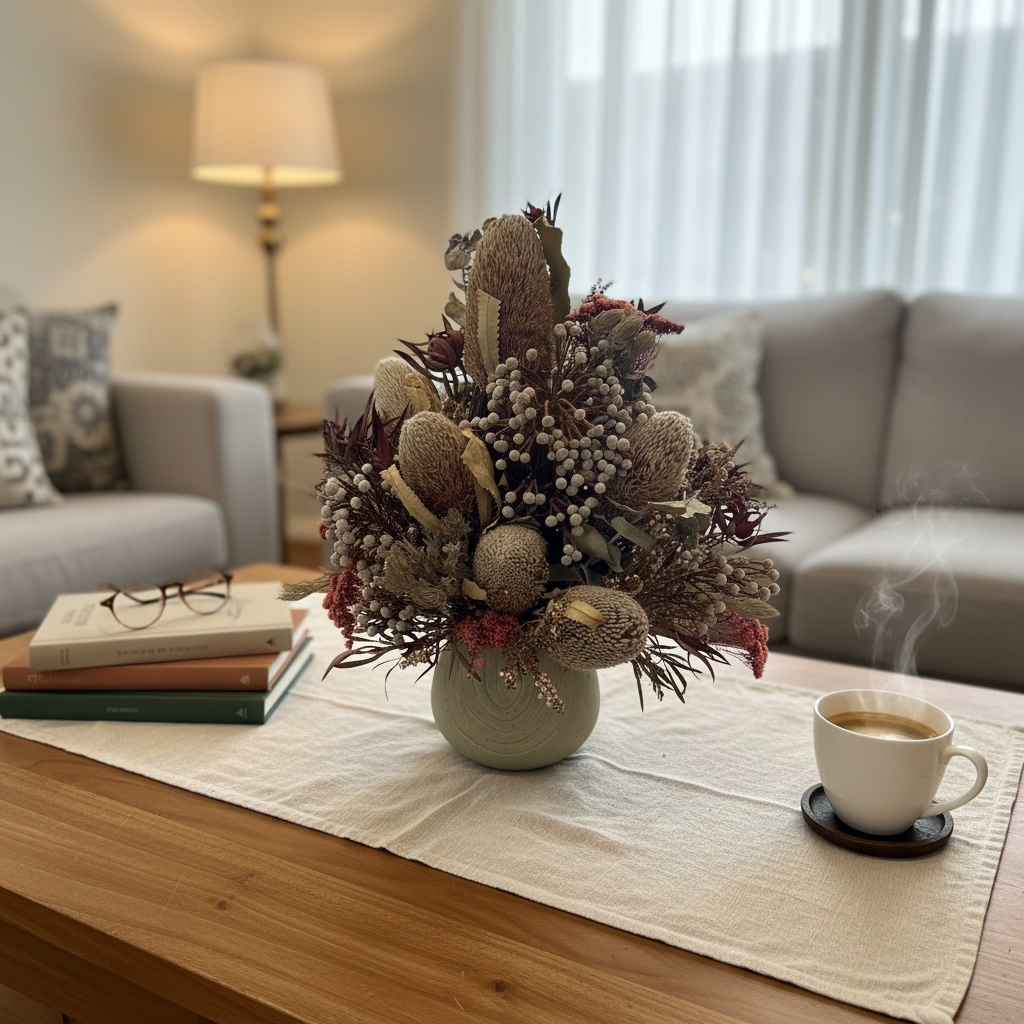 Blush & Botanicals dried flower arrangement with soft blush pink accents and natural textures presented in a textured ceramic pot by Lilypilly Florist South Perth.