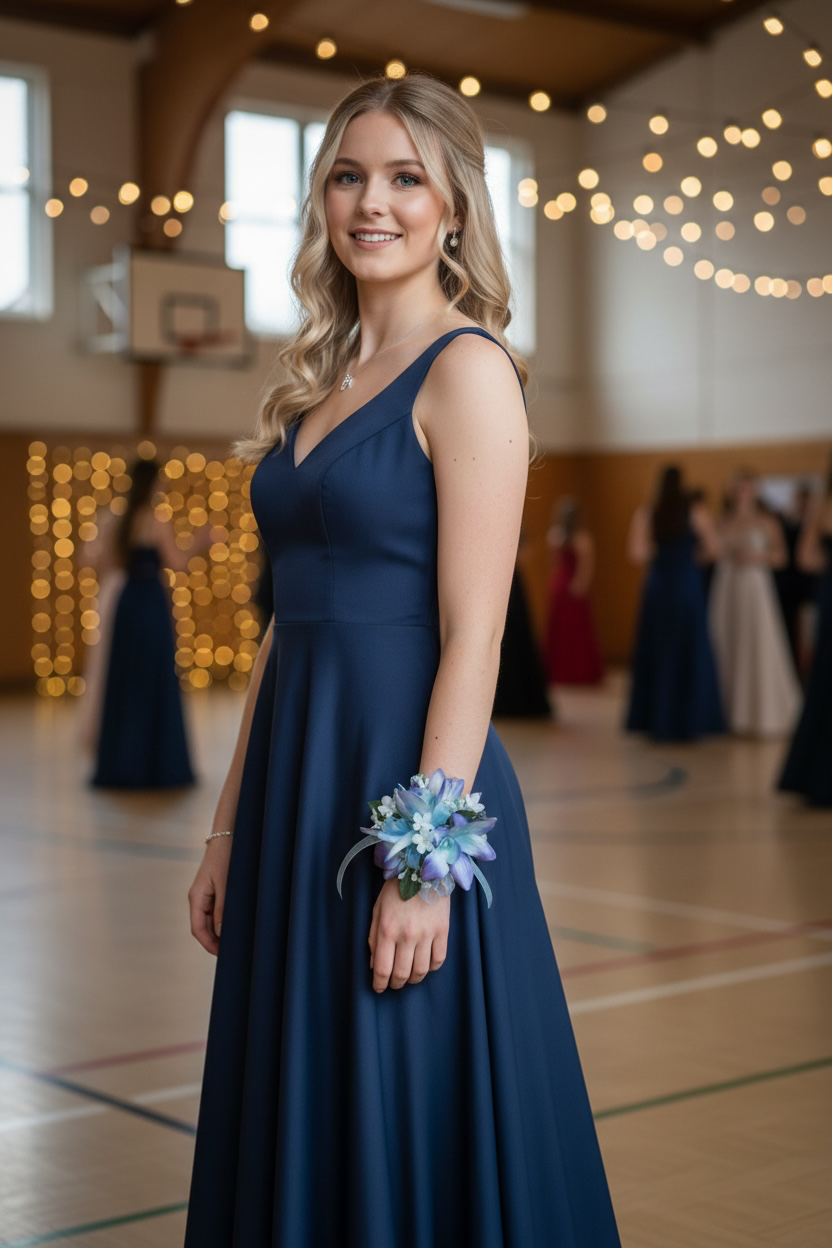 blue sky corsage on model by lilypilly