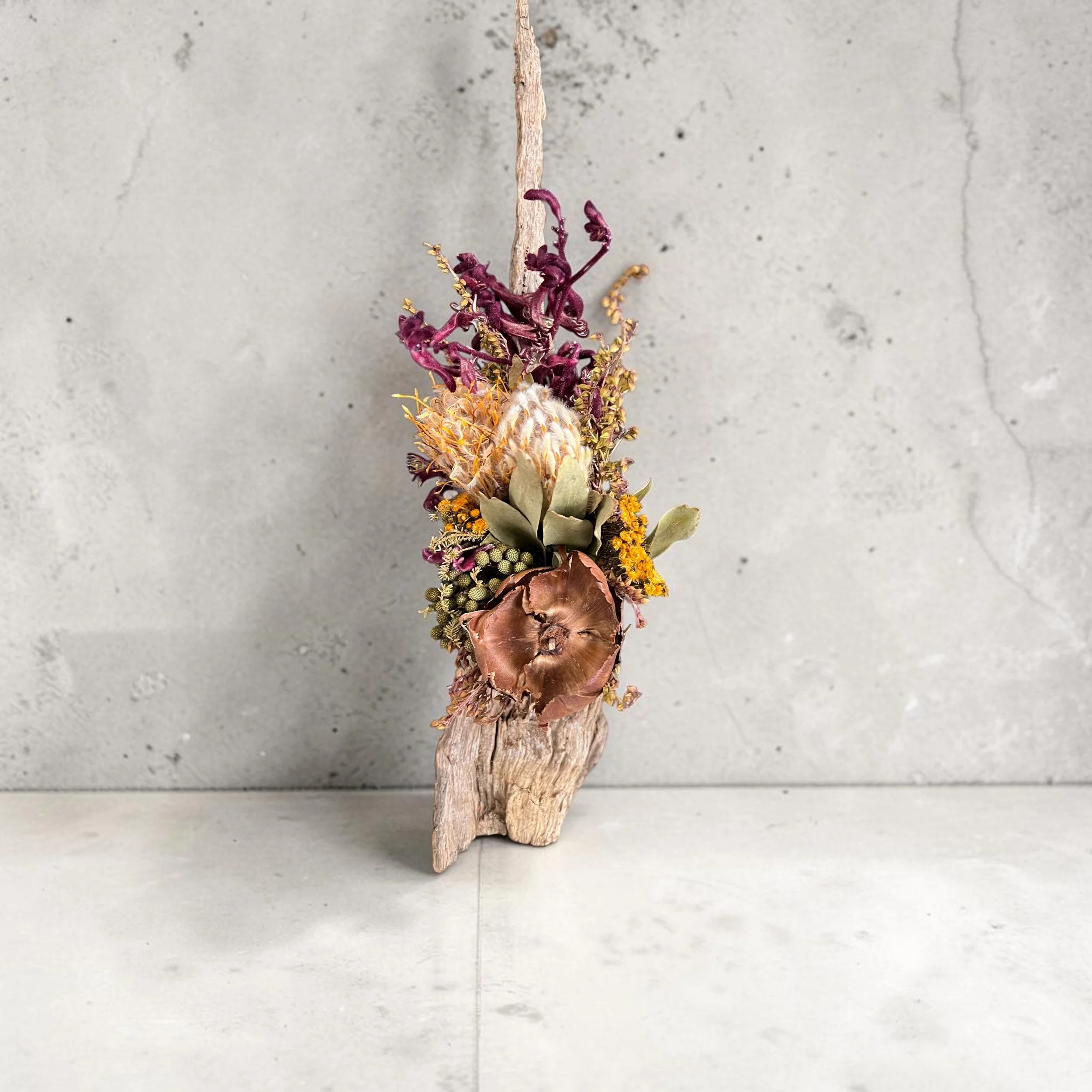 Rustic Native Blooms featuring premium Australian dried native flowers artistically arranged on a natural driftwood base, handcrafted by Lilypilly Florist South Perth.