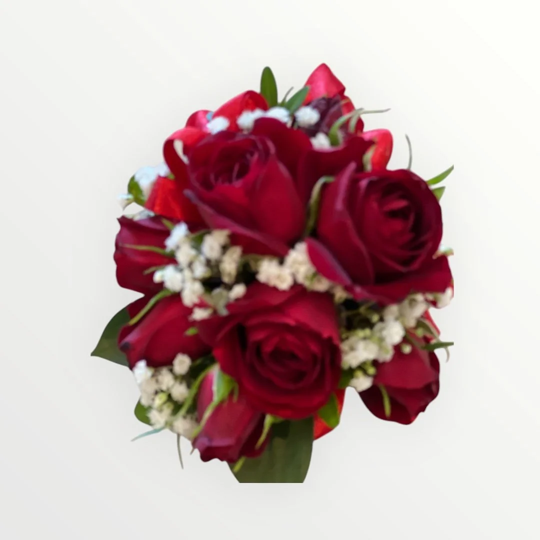 Romantic & Soft Fresh red rose corsage with baby's breath perfect for Perth weddings and school ball matching dress colour
