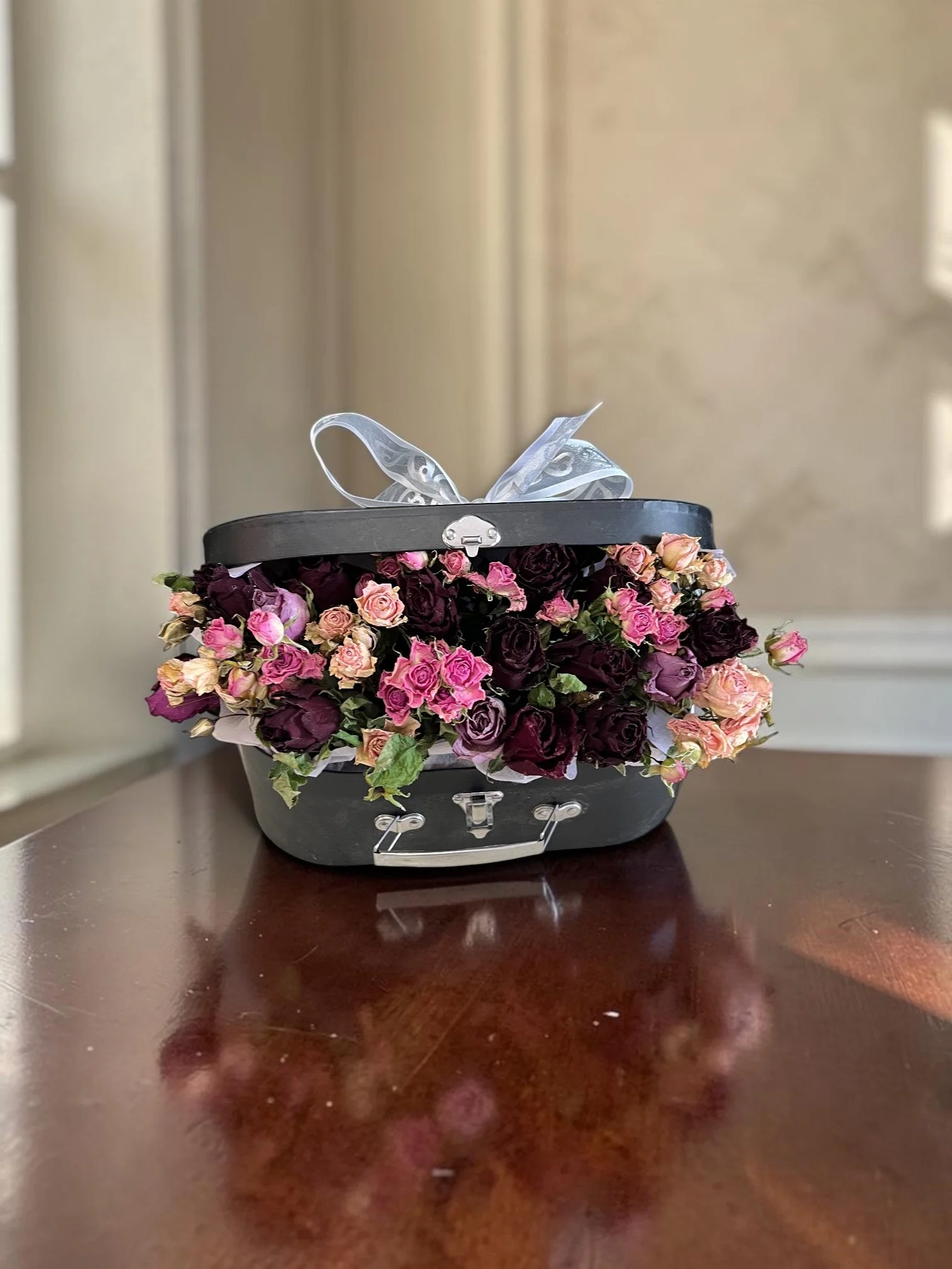 Forever in Bloom Dried Rose Collection featuring premium dried standard and spray roses in blush pink and deep red tones, presented in an elegant black keepsake case by Lilypilly Florist South Perth.