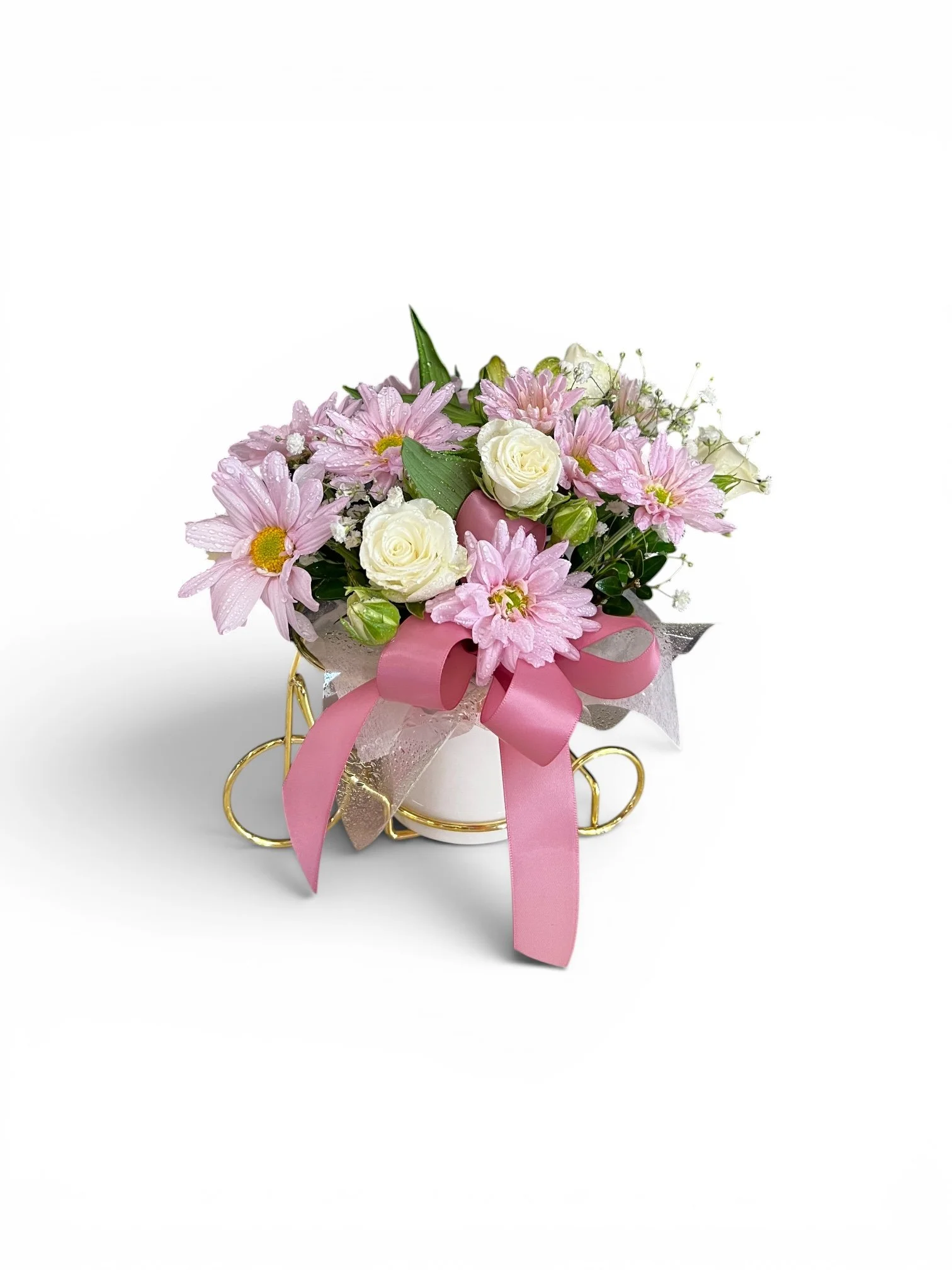 Golden bike floral arrangement with fresh flowers in ceramic pot for Mother’s Day created by Lilypilly