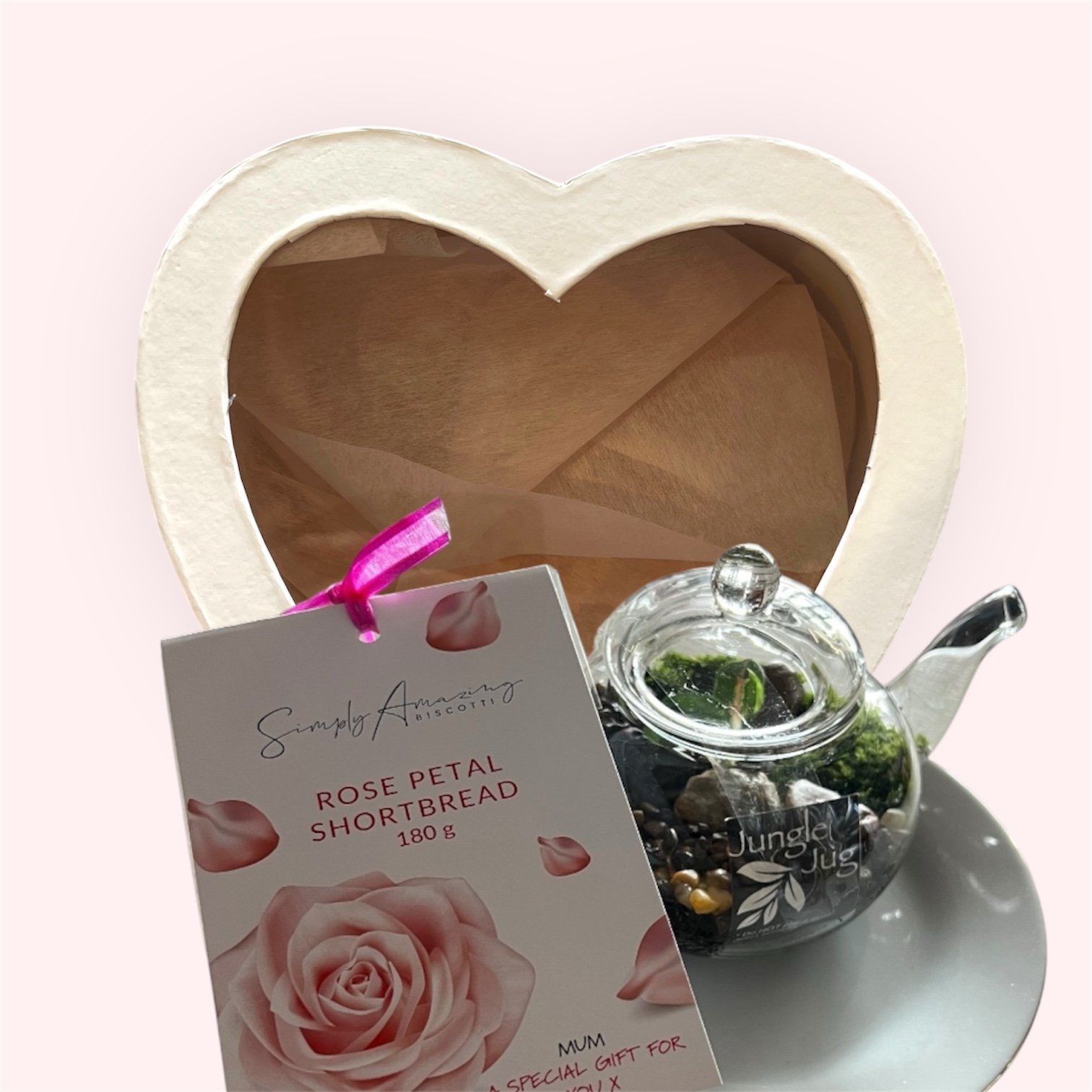 Tea & Bicuits gift hamper terrarium, rose petal biscuits gold rim plate with the heart sharped presentation box