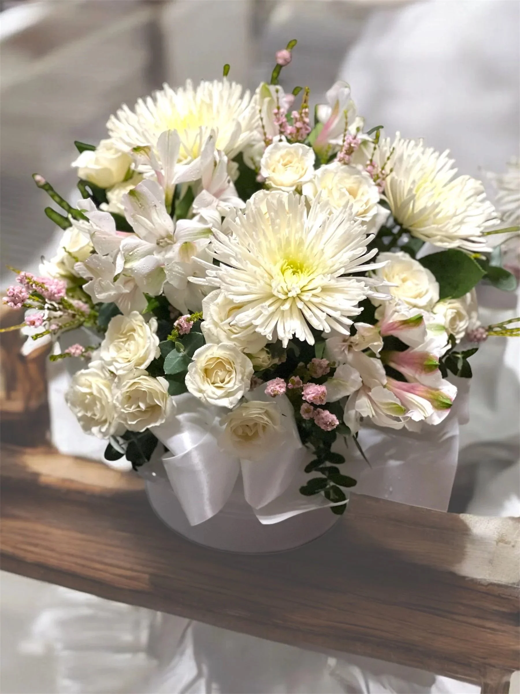 White hat box flower arrangement By Lilypilly Perth