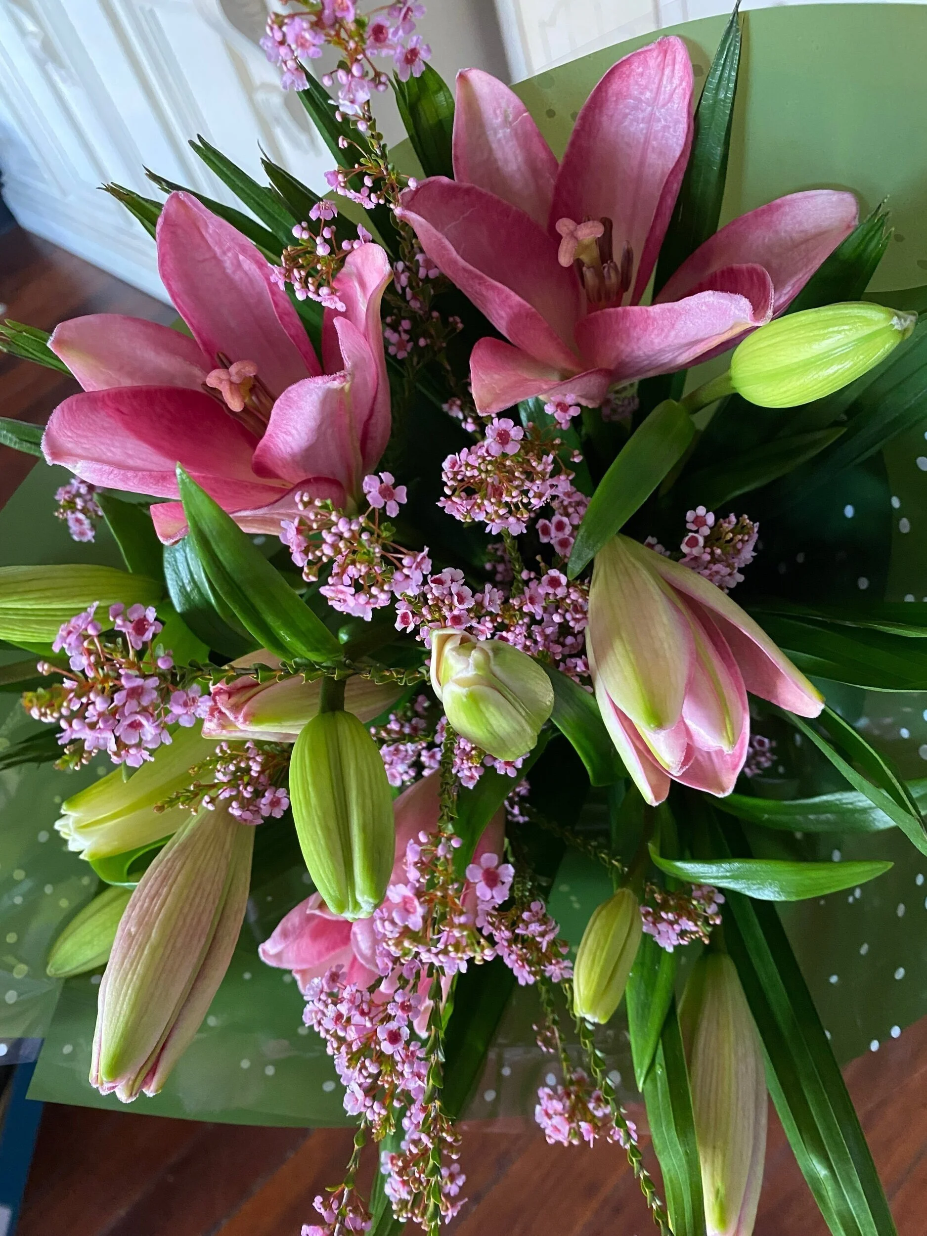lily wrap:  Fresh Asiatic lilies pink, white, mixed colours