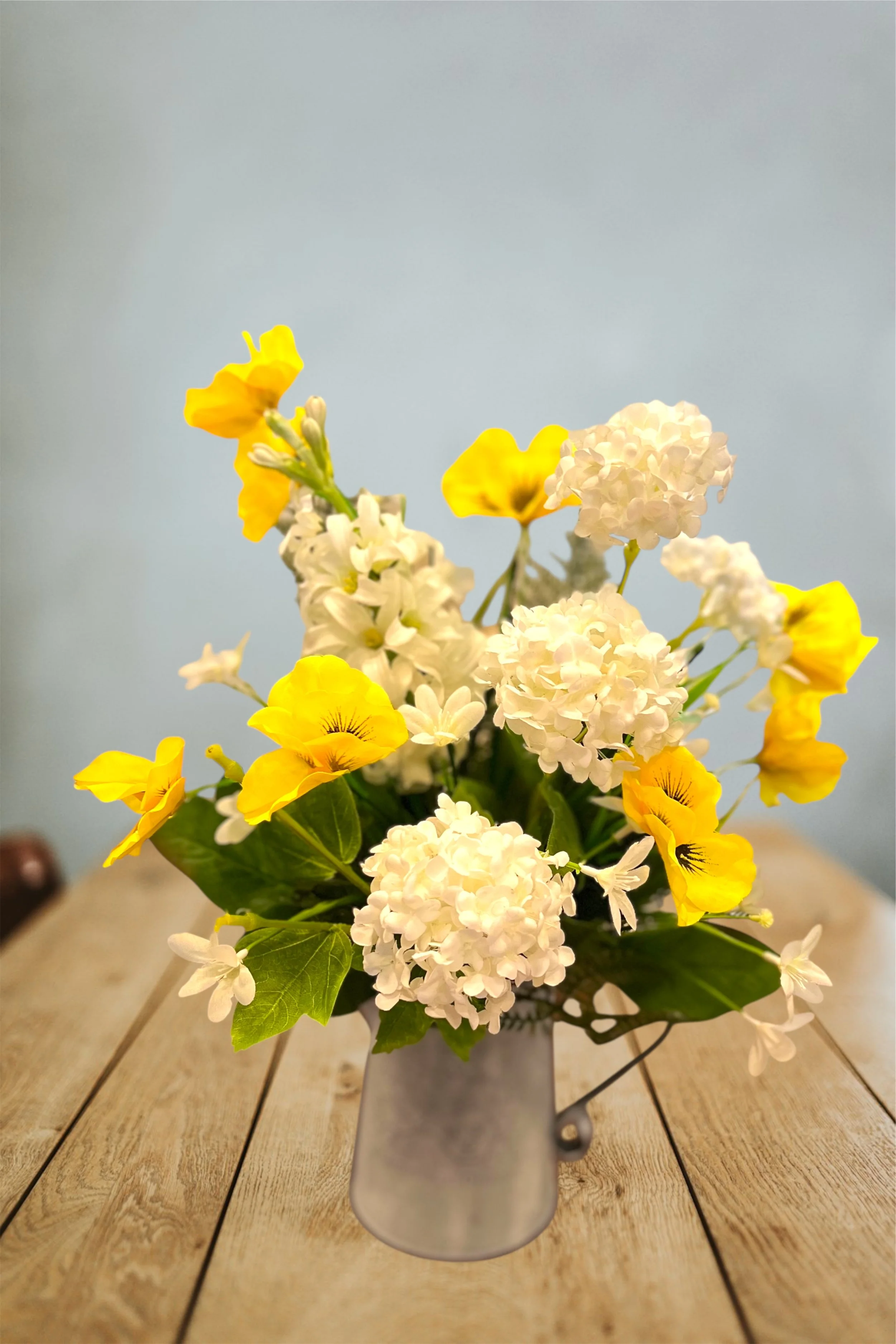 Spring Glow silk yellow & white Flower Arrangement in Pitcher