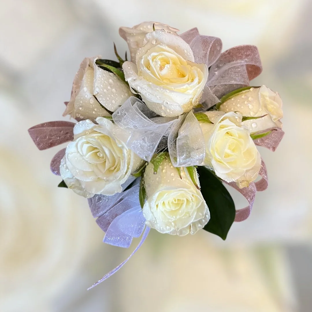 White Roses: Elegant white rose wrist corsage with fresh flowers Timeless White Lilypilly
