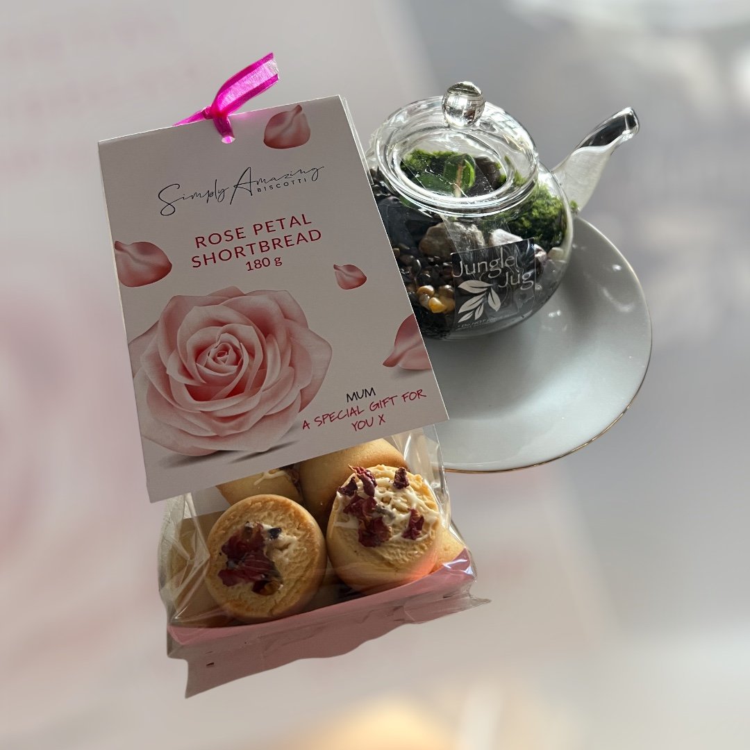 Tea & Bicuits gift hamper terrarium, rose petal biscuits gold rim plate