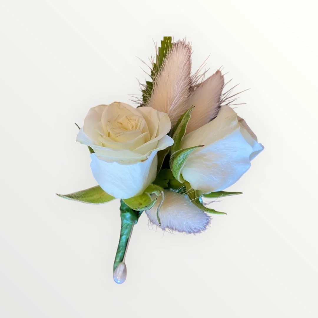 Soft and stylish fresh white rose and Bunnytail buttonhole - ideal for Perth Weddings and School Balls