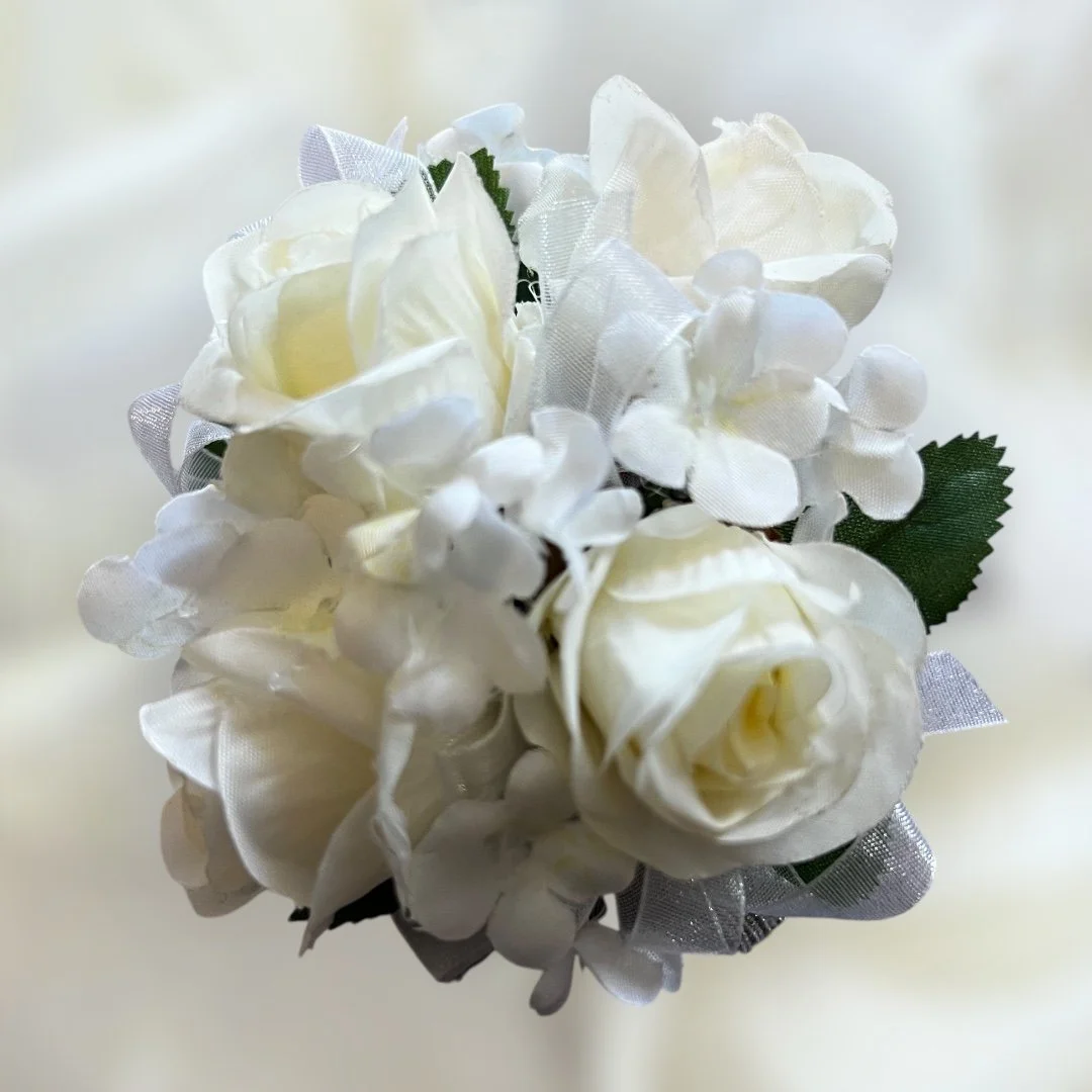 White rose forget me not corsage by Lilypilly Perth
