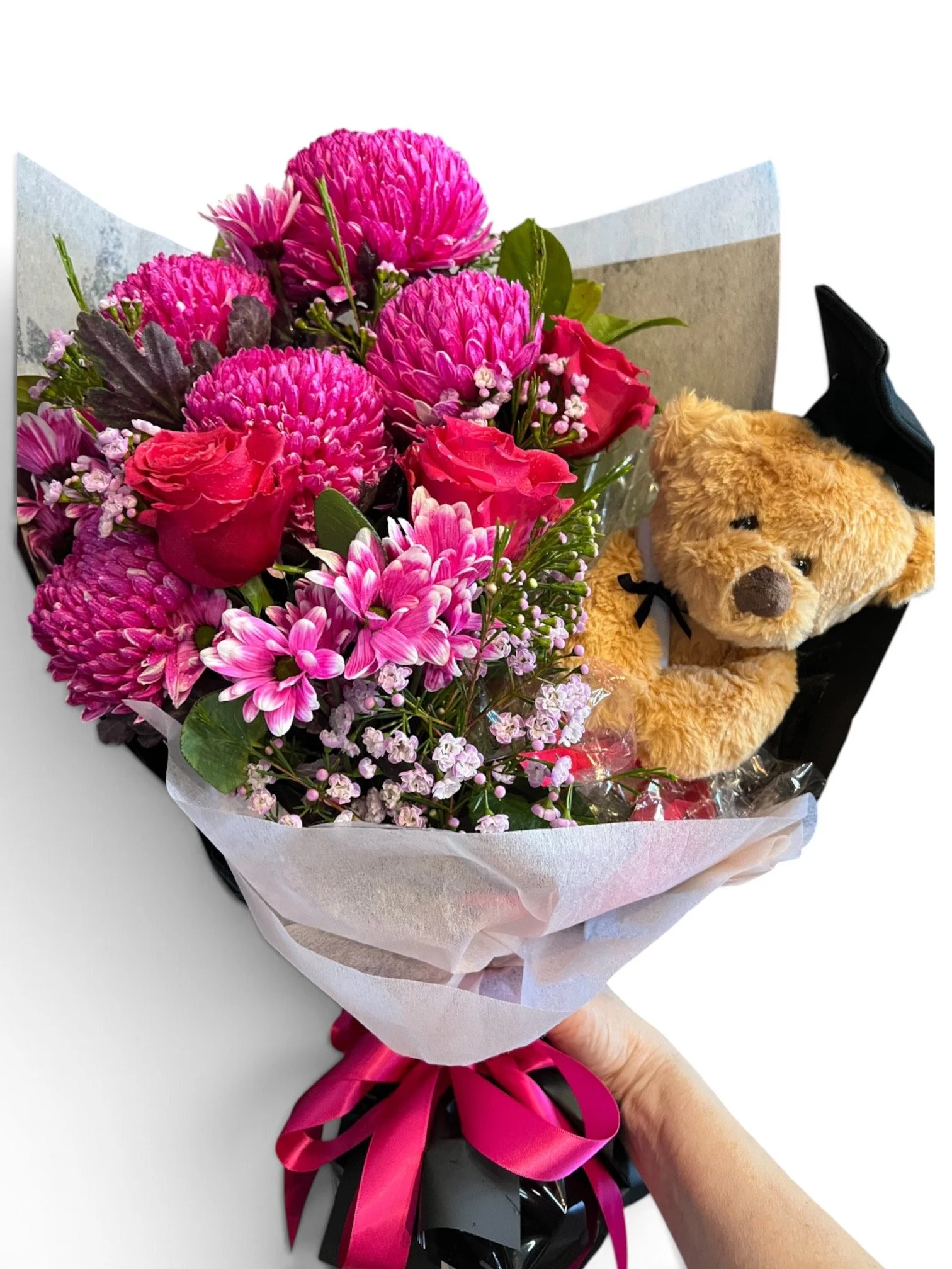 Hot pink to match grad sash graduation bouquet with grad bear