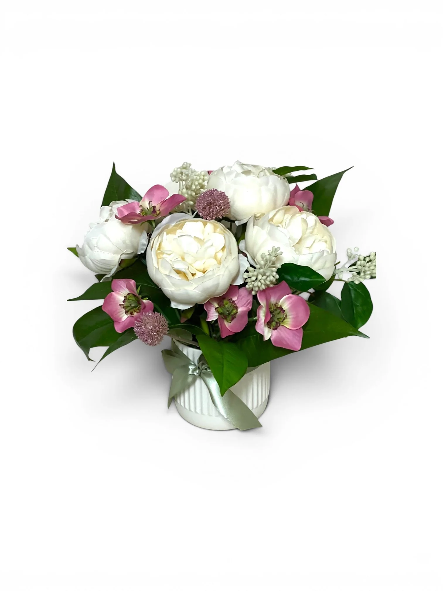 Soft Peony- Soft cream Silk Peony Arrangement in White Ceramic Pot