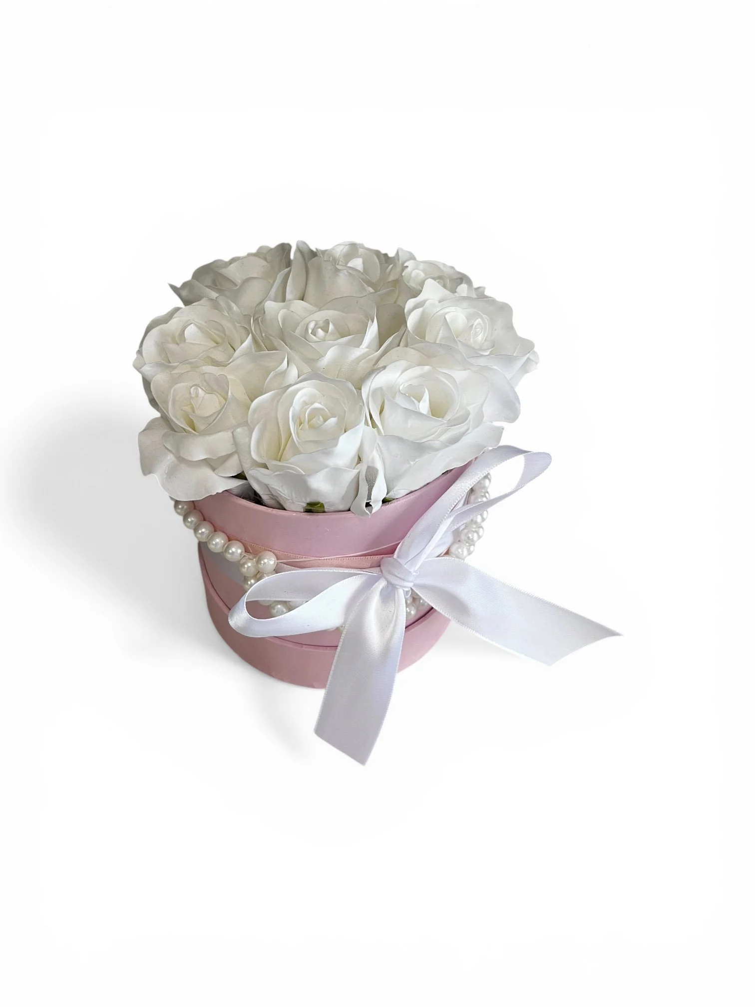 Luxury silk rose hat box arrangement with white roses and costume petals, South Perth florist