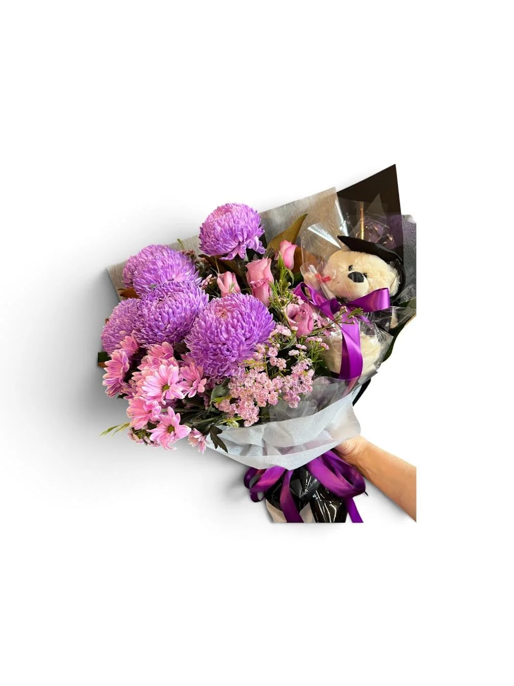 large graduation bouquet in purples with grad bear by lilypilly