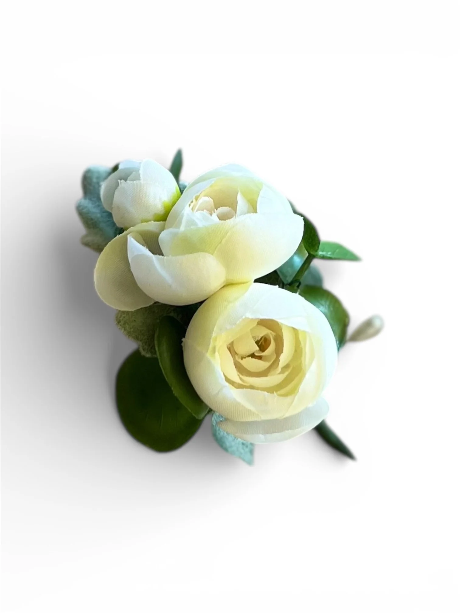 Classic White Ranunculus Silk Buttonhole – a timeless silk flower design for school balls and formal events in Perth by Lilypilly