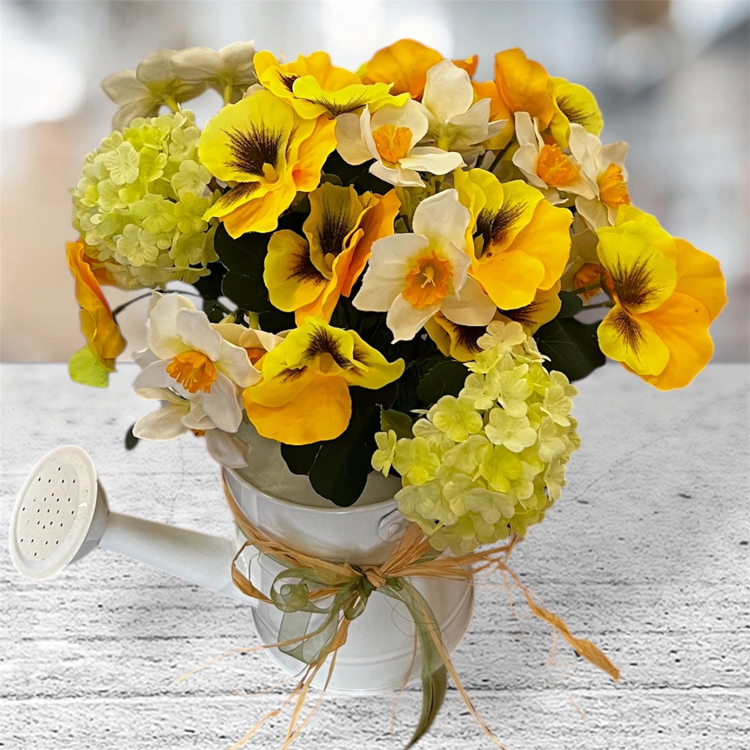 Sunny days bright yellow silk flower arrangement in a watering can