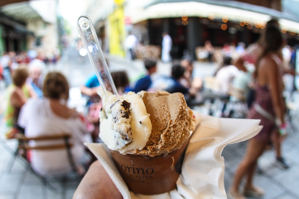 strawberry + stracciatella + chocolate hazelnut gelato