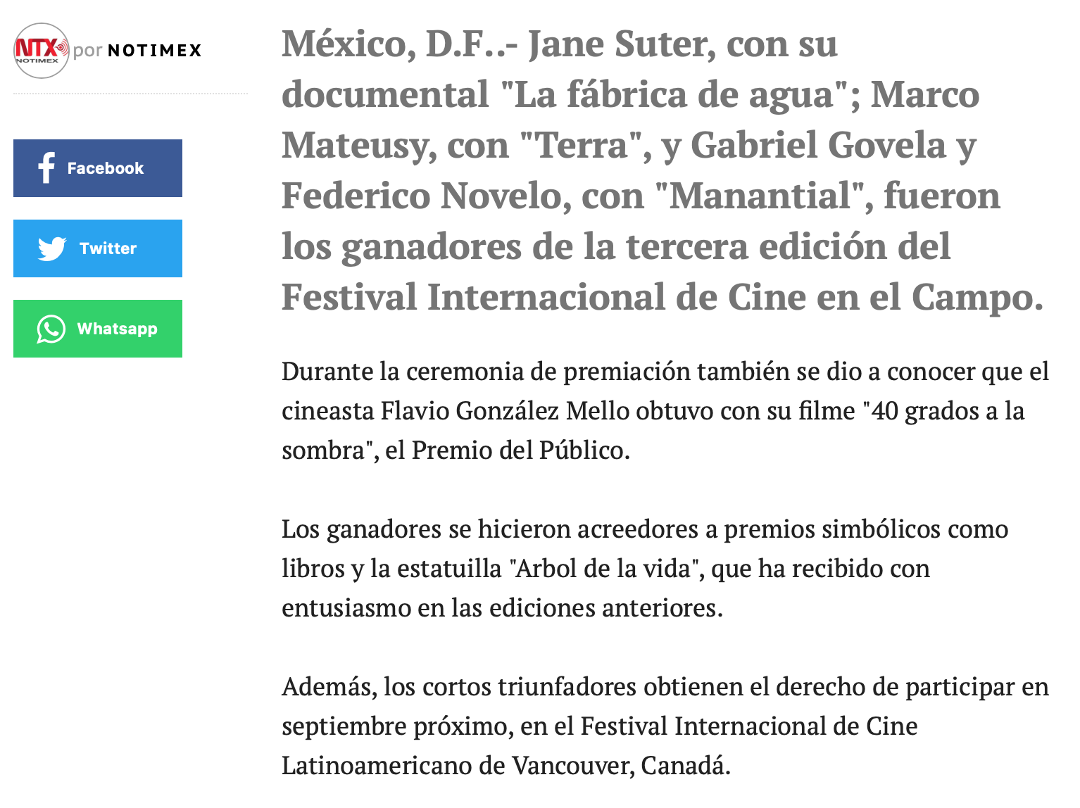 México, D.F..- Jane Suter, con su documental "La fábrica de agua"; Marco Mateusy, con "Terra", y Gabriel Govela y Federico Novelo, con "Manantial", fueron los ganadores de la tercera edición