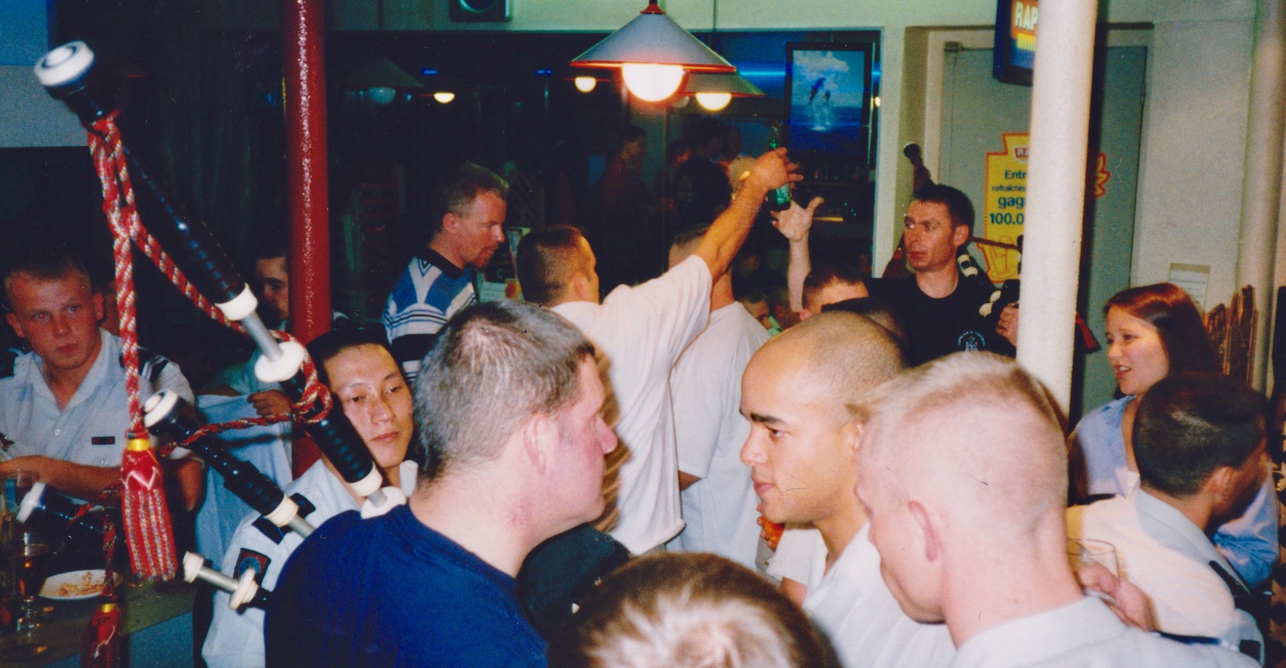 Entertaining the French Foreign Legion in a bar in St Etienne. The police were called to stop the party. We explained we were the police.