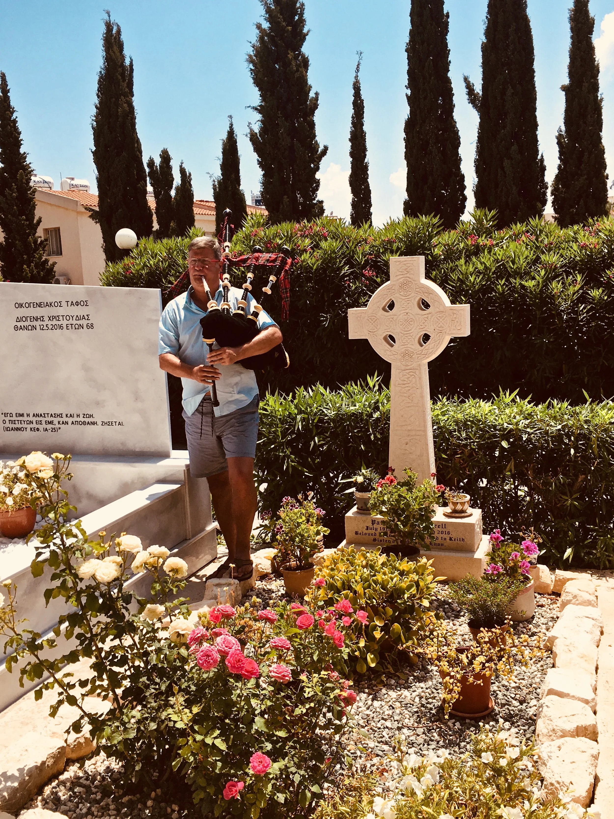 Having a wee tune at my sisters graveside in Cyprus. She loved the pipes. May 2018.