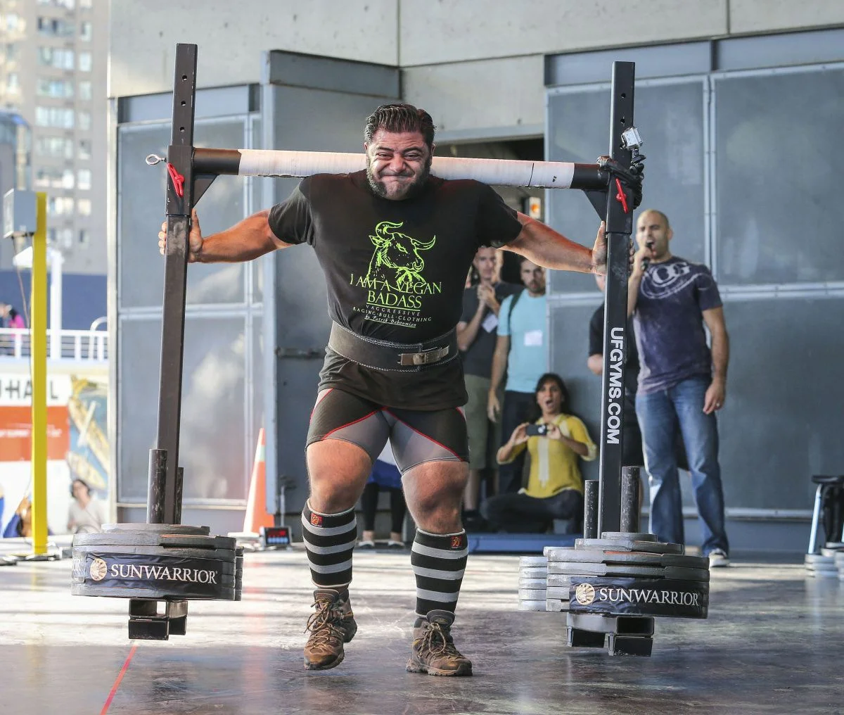 Patrik Baboumian, former body builder. Once Germany’s strongest man, European powerlifting champion, and holds world strength records in yoke walking, beer keg lifting, and front hold.