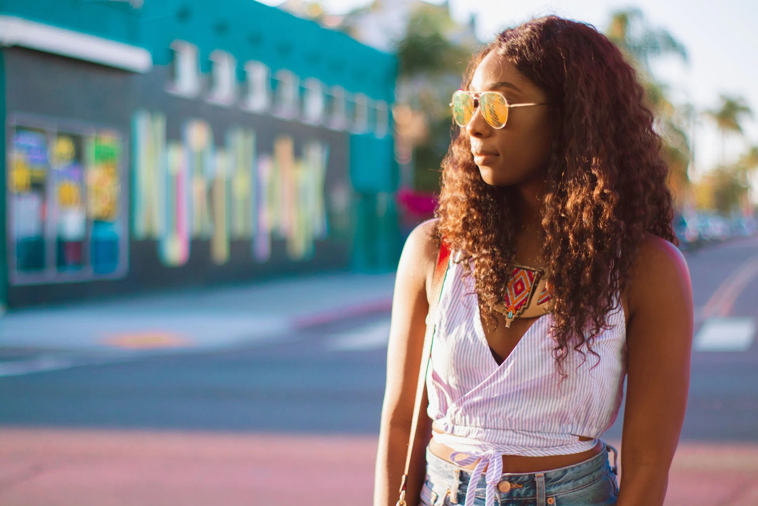 Wrap tops and statement necklace.